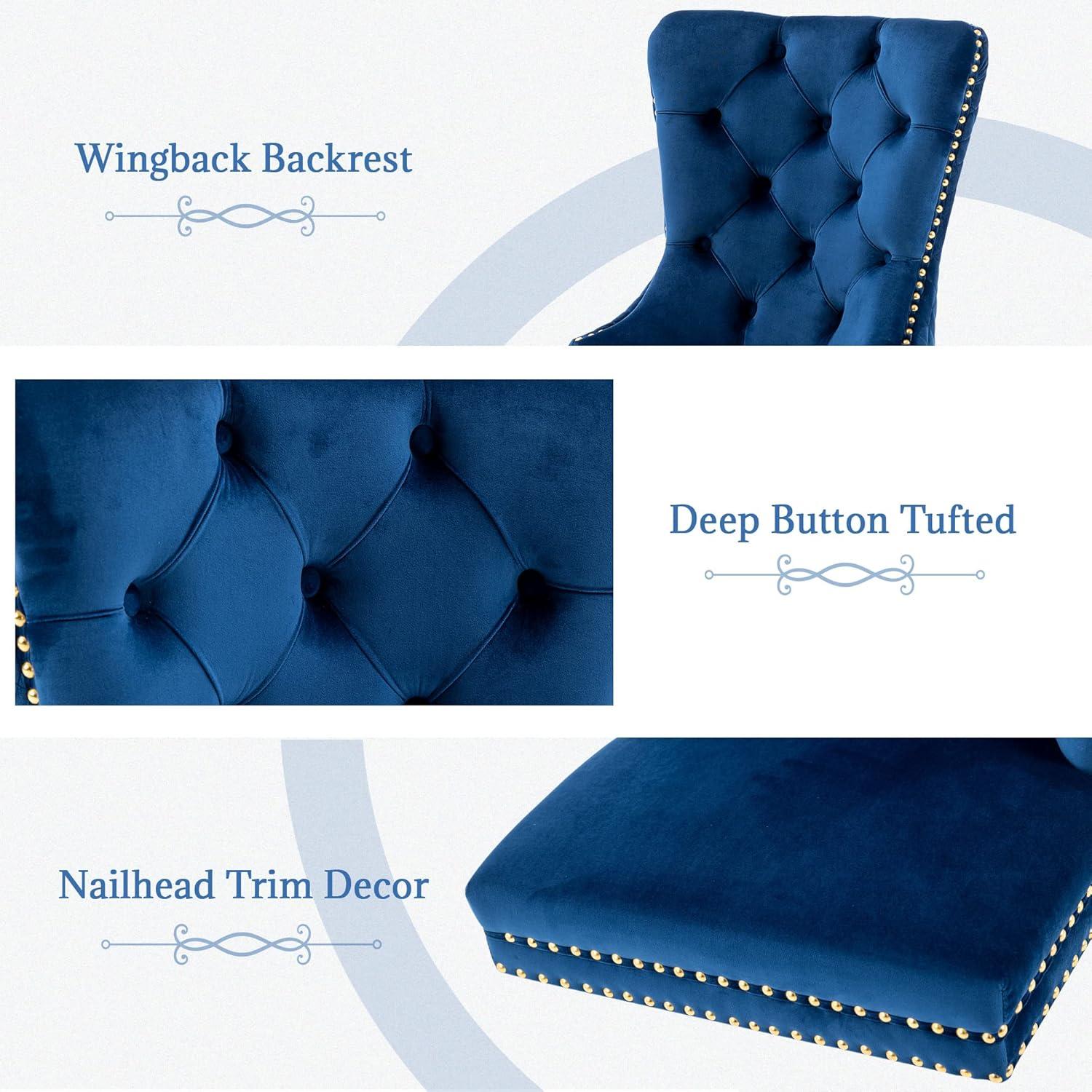 Velvet Upholstered Dining Chairs, Set of 2, Dining Room Tufted Chair, Modern Button Tufted Armless Chairs with Nailhead Trim and Back Ring Pull, Gold Legs, for Dining Room, Kitchen, Navy