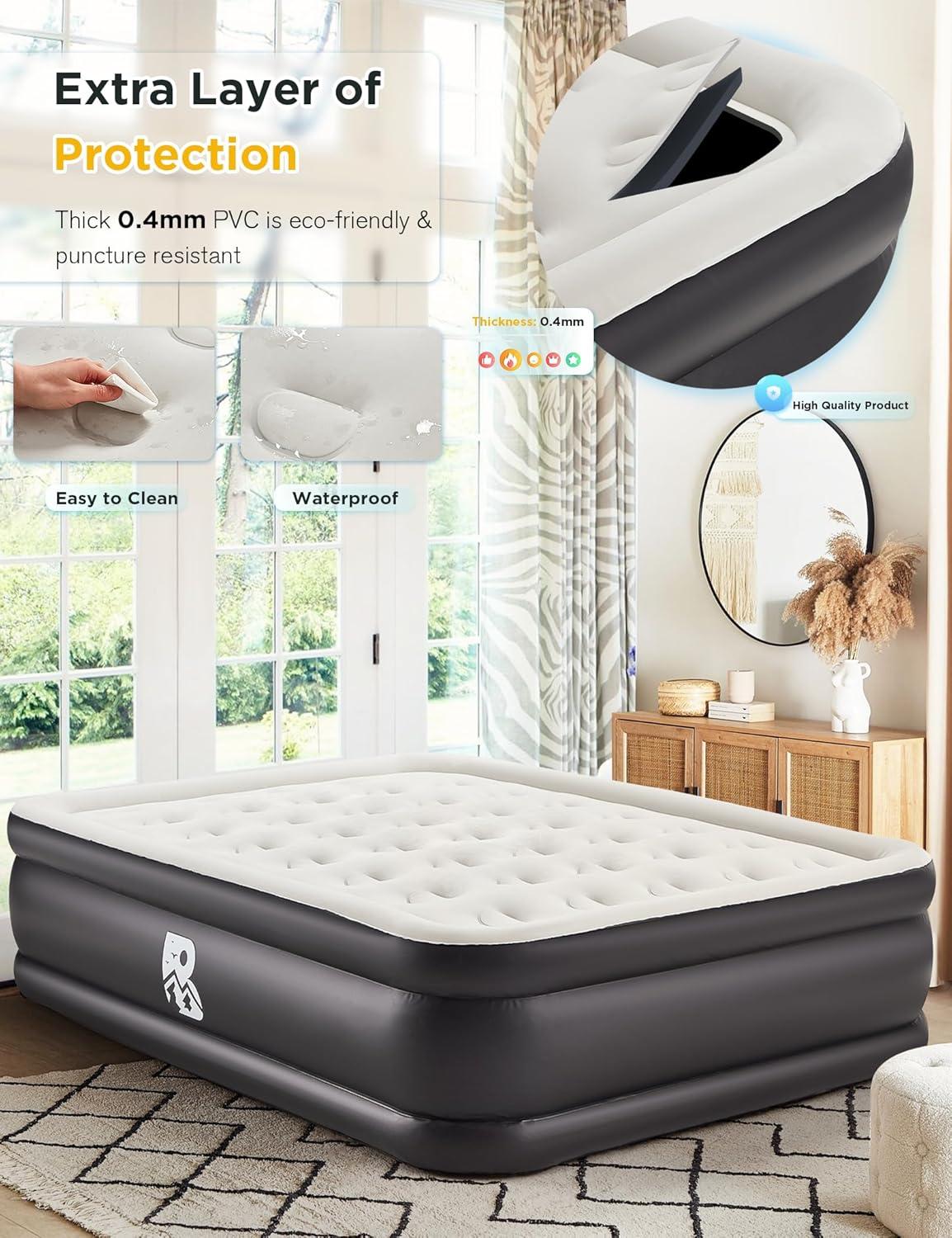 Twin Size Black and White Raised Air Mattress with Built-in Pump