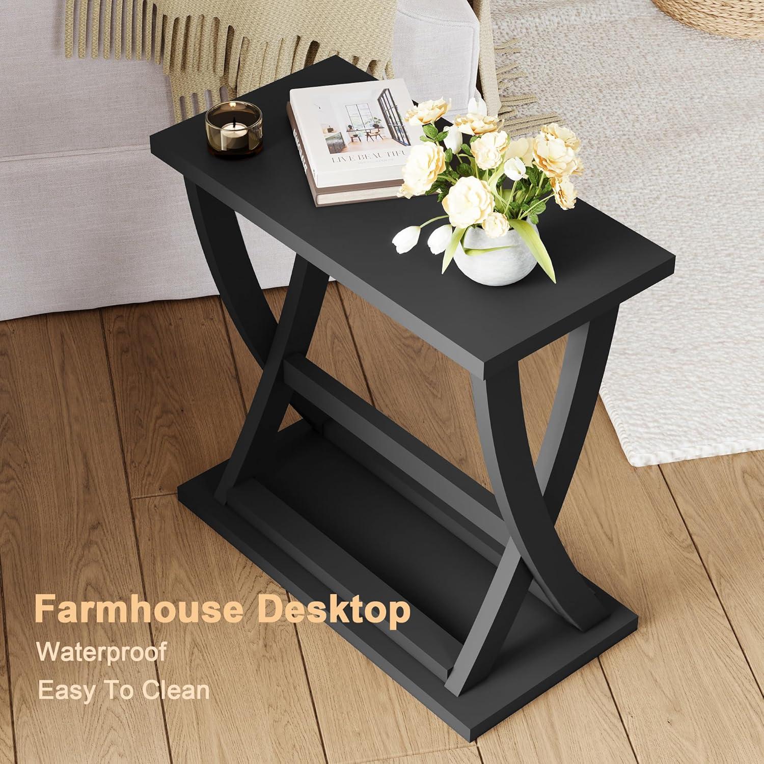 Black MDF X-Design Slim End Table Set with Storage Shelf