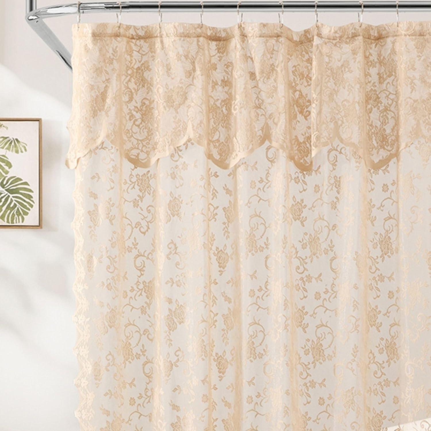 HLC.ME Harper Lace Shower Curtain for Bathroom with Floral Vine Design and Attached Valance- Elegant Victorian Classic Style - Linen, 72" W x 72" L