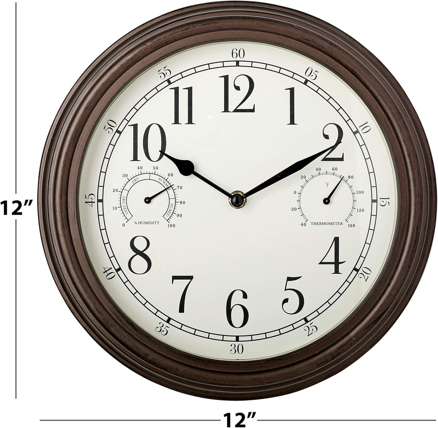12" Outdoor Wall Clock with Weather Resistant Temperature/Humidity Dials - Westclox: Quartz Movement, Bronze Frame