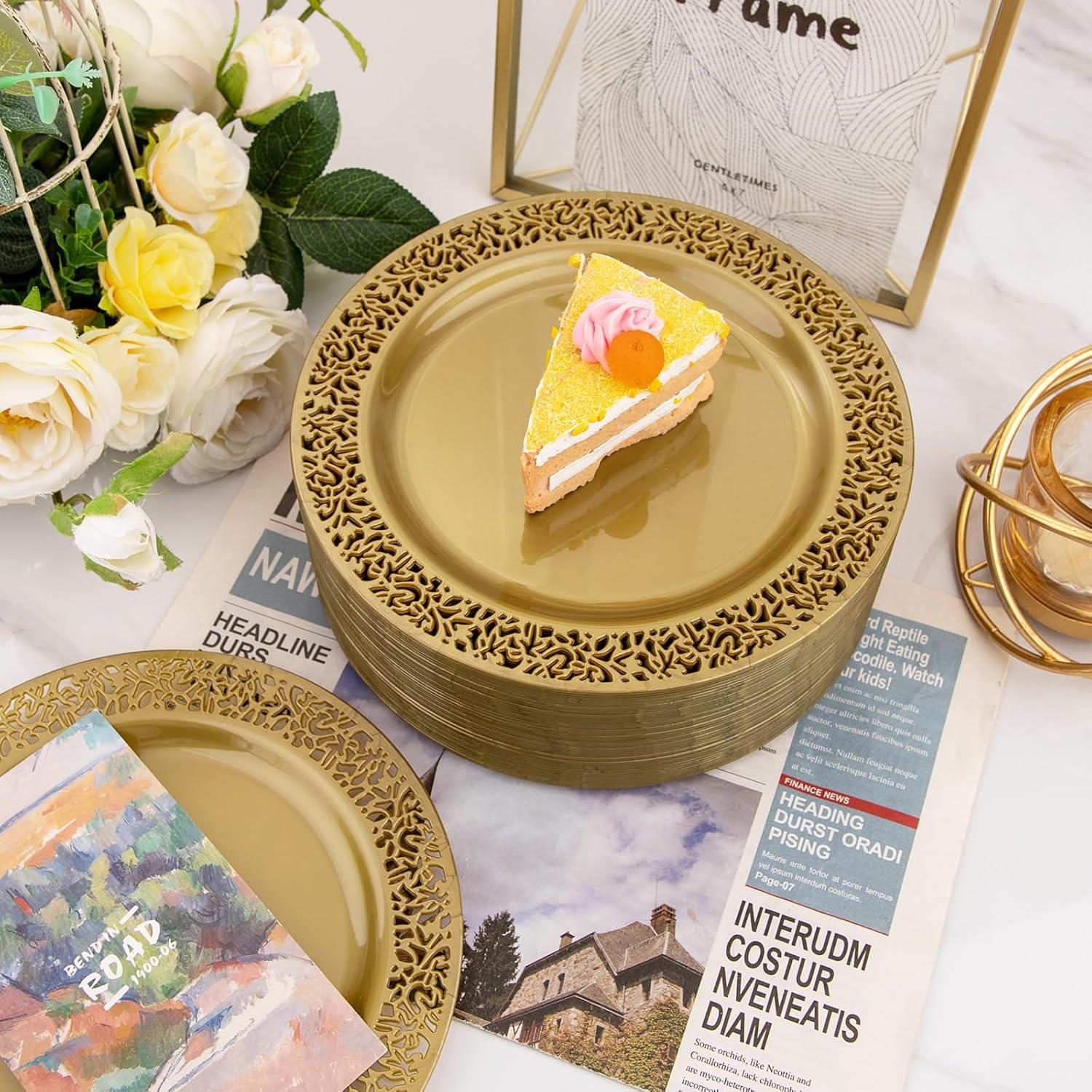 I00000 60pcs Plastic Gold Plates,10.25 inch Gold Rimmed Dinner Plates, White Disposable Plates, Parties or Wedding