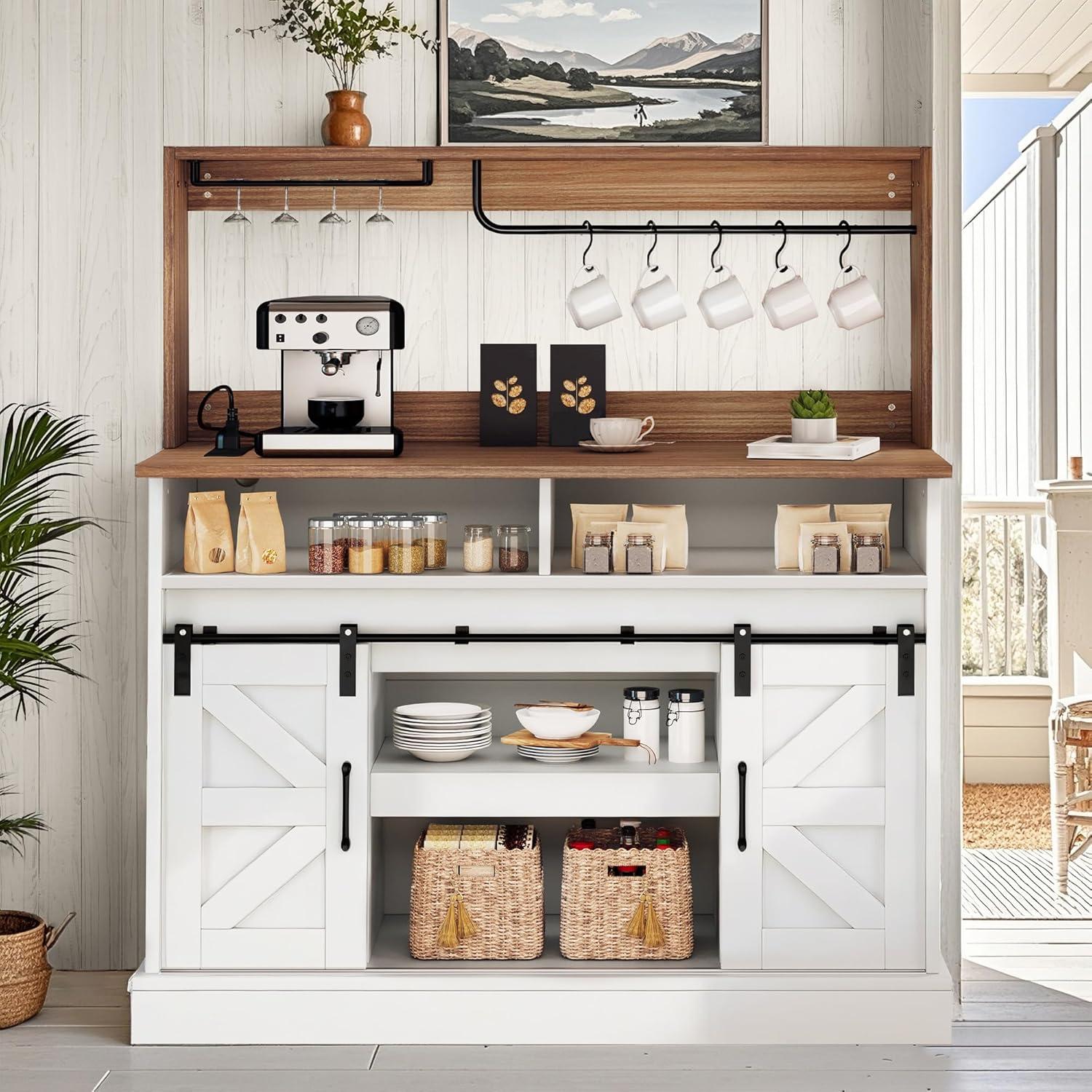 Gracie Oaks Gracie Oaks Farmhouse Coffee Bar Cabinet with Power Outlets, Goblet Holder & Sliding Barn Doors