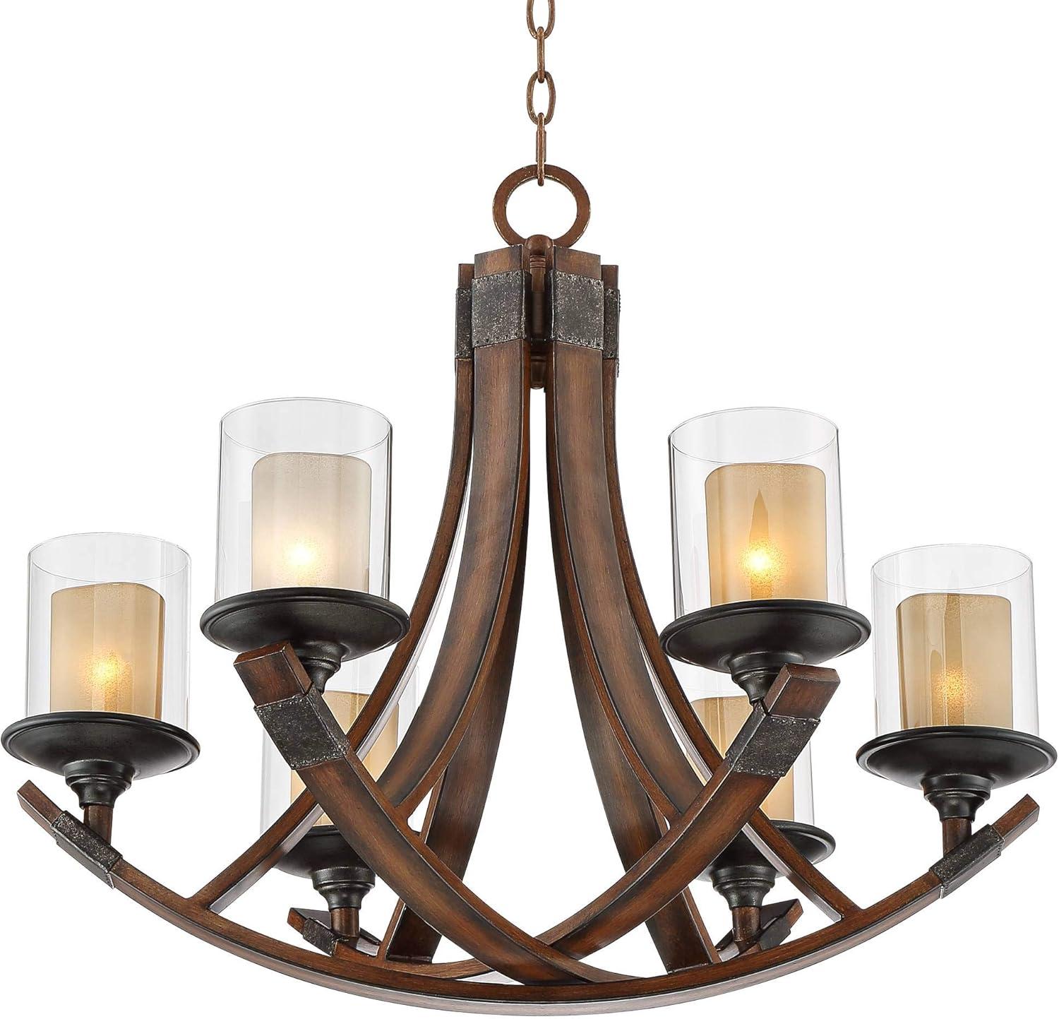 Franklin Iron Works Mahogany Wood Finish Chandelier 27 1/2" Wide Rustic Curving Clear Outer Scavo Inner Glass 6-Light Fixture Dining Room