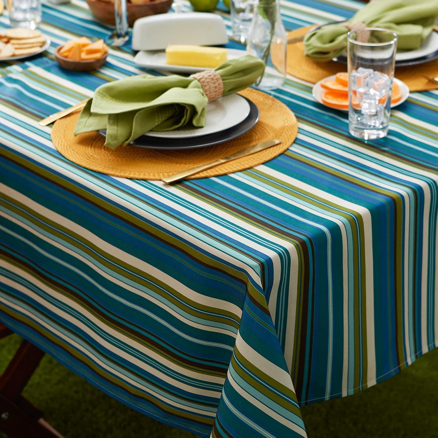 Indoor/Outdoor Tabletop Collection Multi-use, Machine Washable, Striped, Tablecloth, 60x84 w/Zipper, Beachy Print