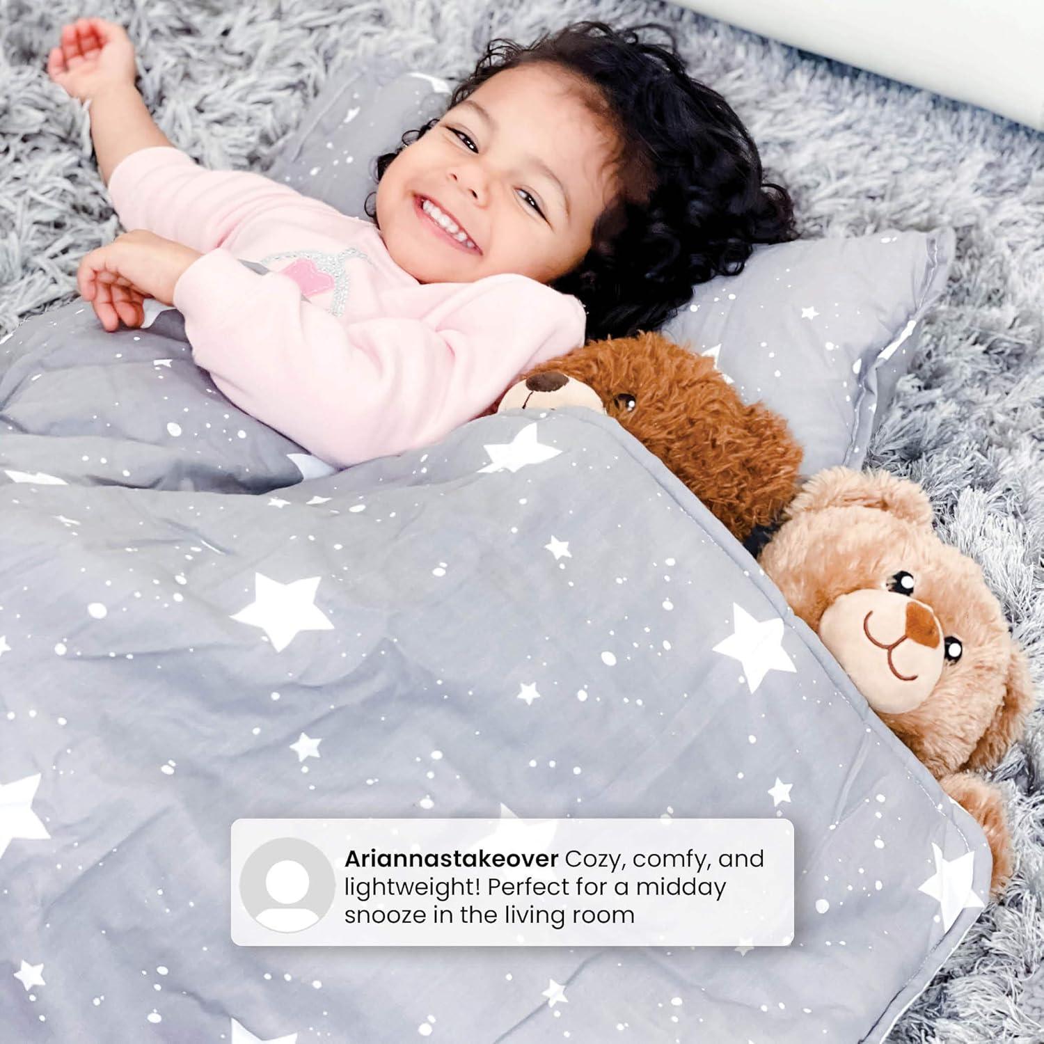 Delta Children Nap Mat with Included Pillow and Blanket for Toddlers and Kids | Features Carry Handle with Strap Closure | Rollup Design | Ideal for Preschool and Daycare, Deep Space