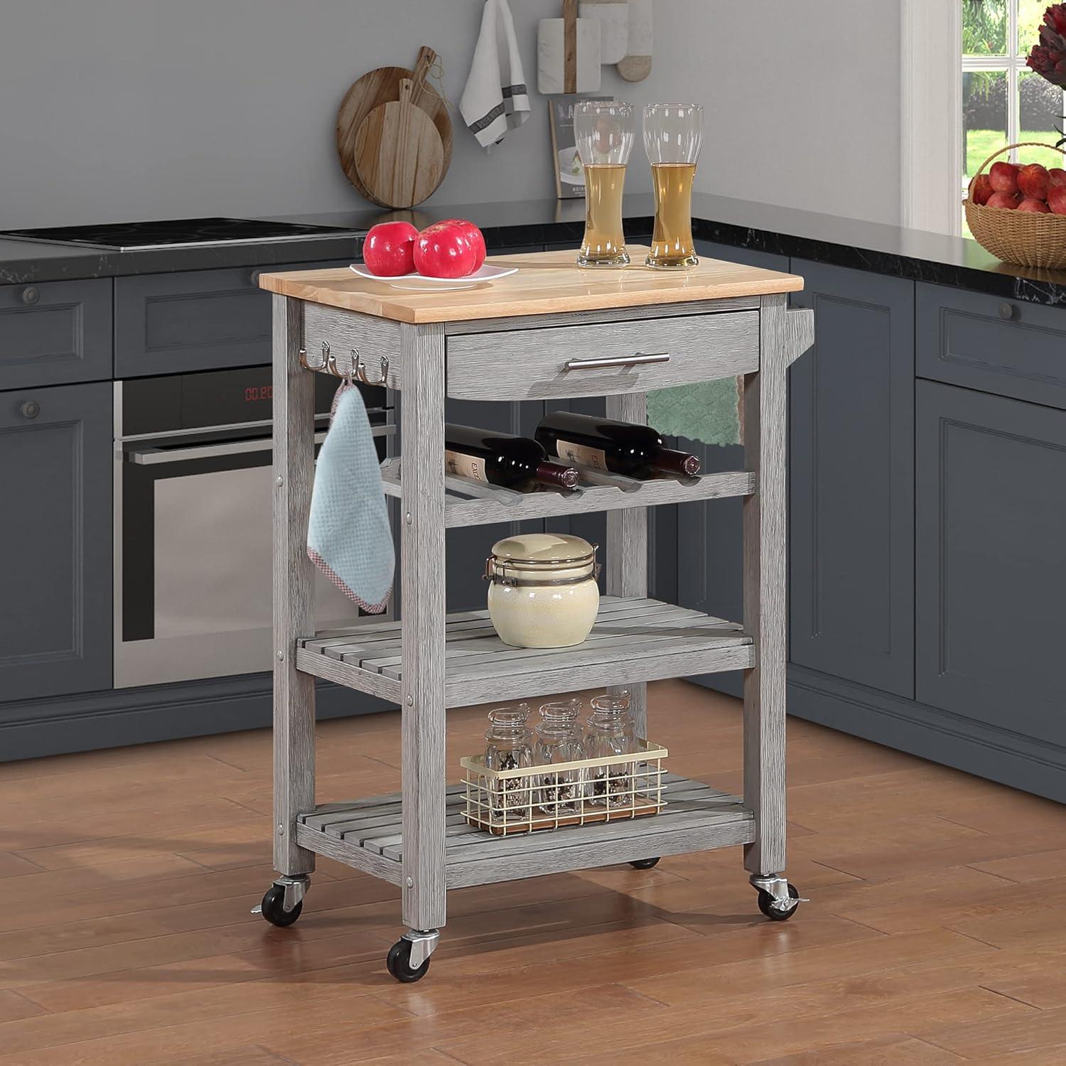 Ellaine Light Gray Solid Wood Butcher Block Kitchen Cart with Wine Rack