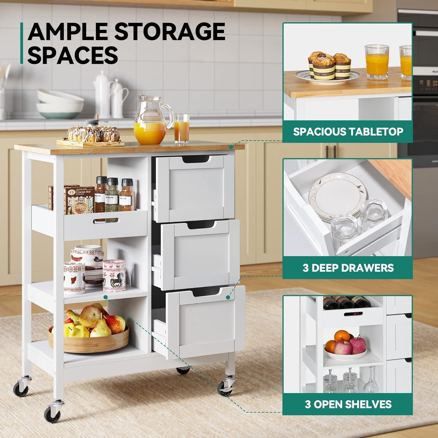 Small Solid Wood Top Kitchen Island Cart on Wheels with Storage, Rolling Portable Dining Room Serving Utility Carts Mobile Movable with 3 Drawers Cabinet, Oak & White