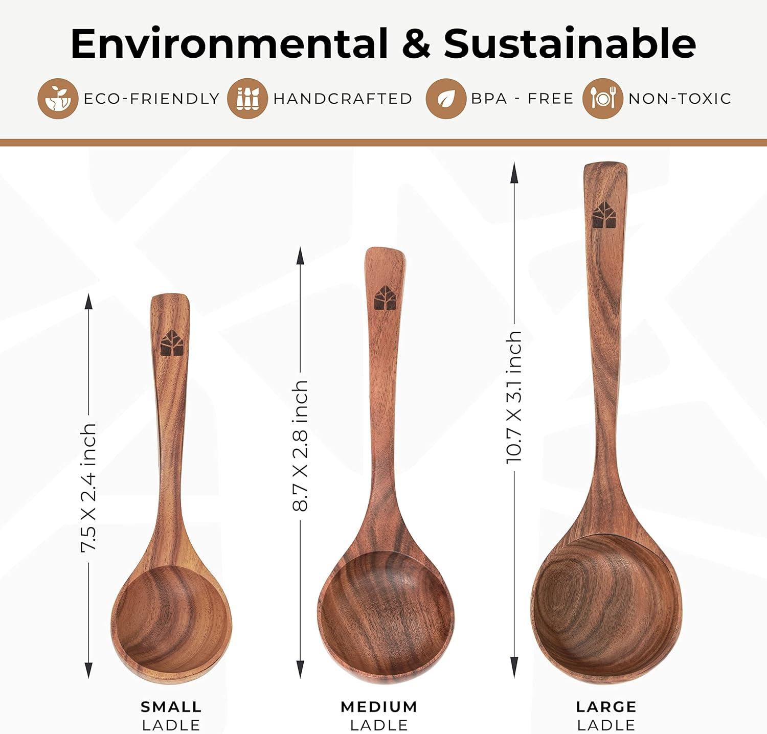 Wooden Ladle for Soup, 3 Size Teak Wood Ladle Spoon with Back Hooks for Pot & Bowl, Non-Stick Wooden Spoon Set for Cooking, Serving and Stirring