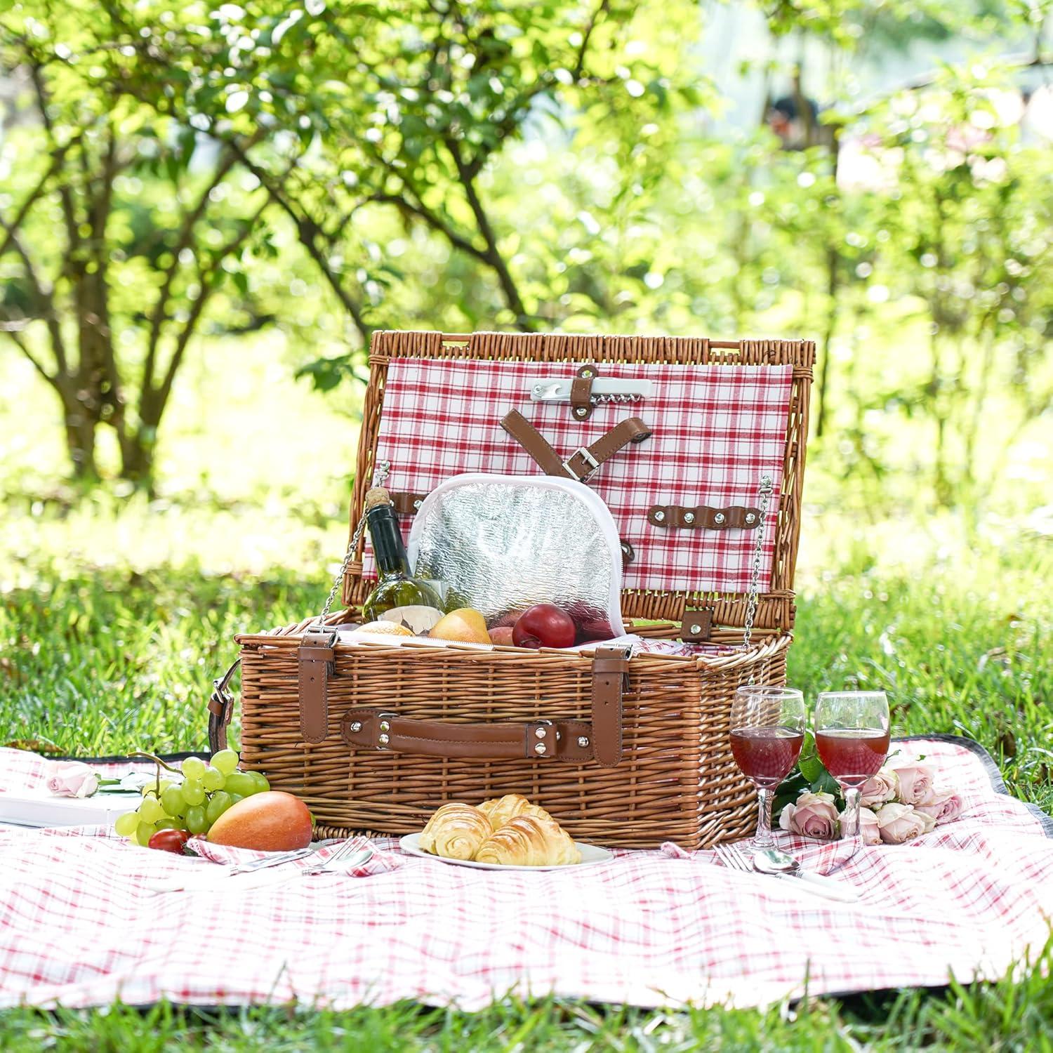 Red Checkered Wicker Picnic Basket with Insulated Compartment