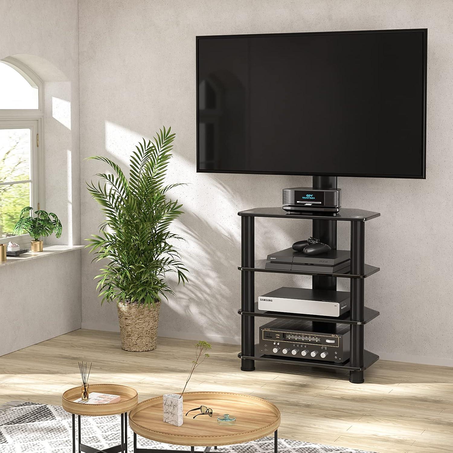 4-Tiers Media Component TV Stand with Swivel Mount Audio Shelf and Height Adjustable Bracket, Black Floor TV Stand for 32-70 Inch LCD LED OLED Flat/Curved Screen TVs