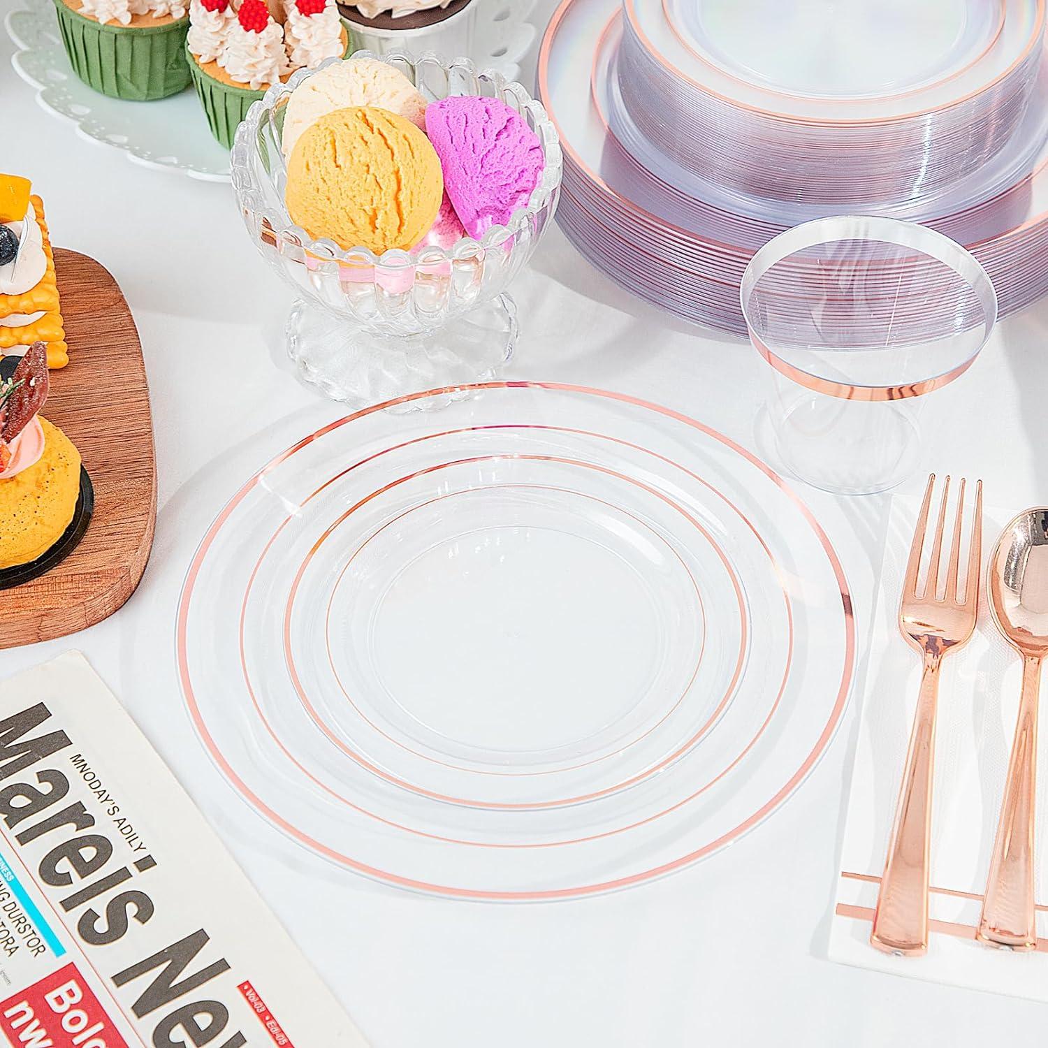 Rose Gold and Clear Plastic Dinnerware Set for 50 Guests