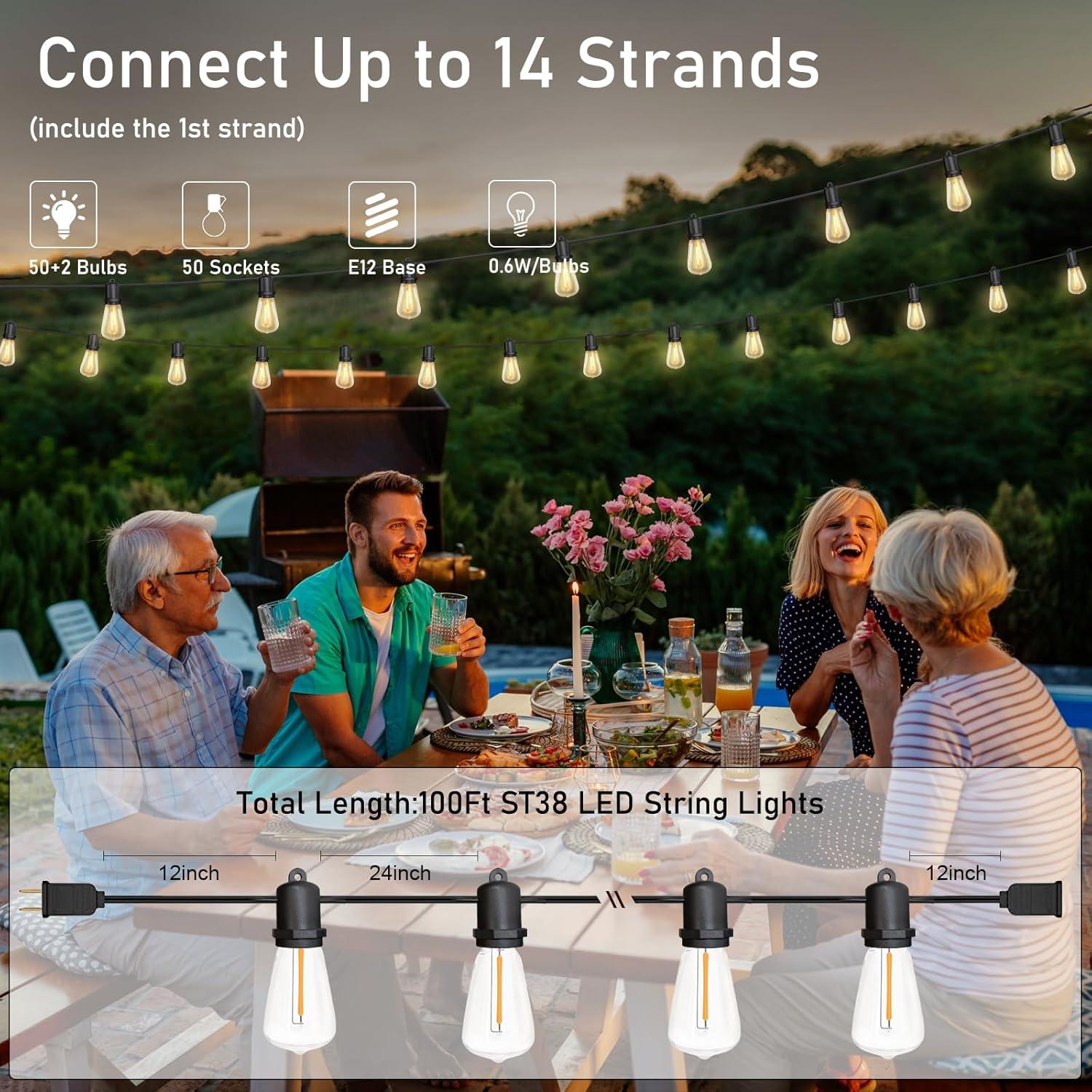 Arlmont & Co. Arlmont & Co. LED Outdoor String Lights 100FT Patio Lights With 52 Shatterproof ST38 Vintage Edison Bulbs