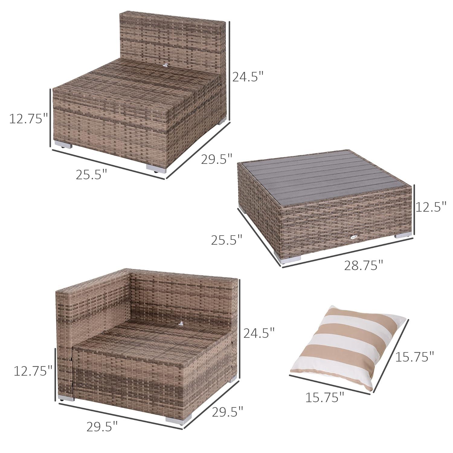 Outsunny 7-Piece Patio Furniture Set, Outdoor Wicker Conversation Set, All Weather PE Rattan Sectional Sofa w/ Faux Wood Table, Stripe Pillows, Gray