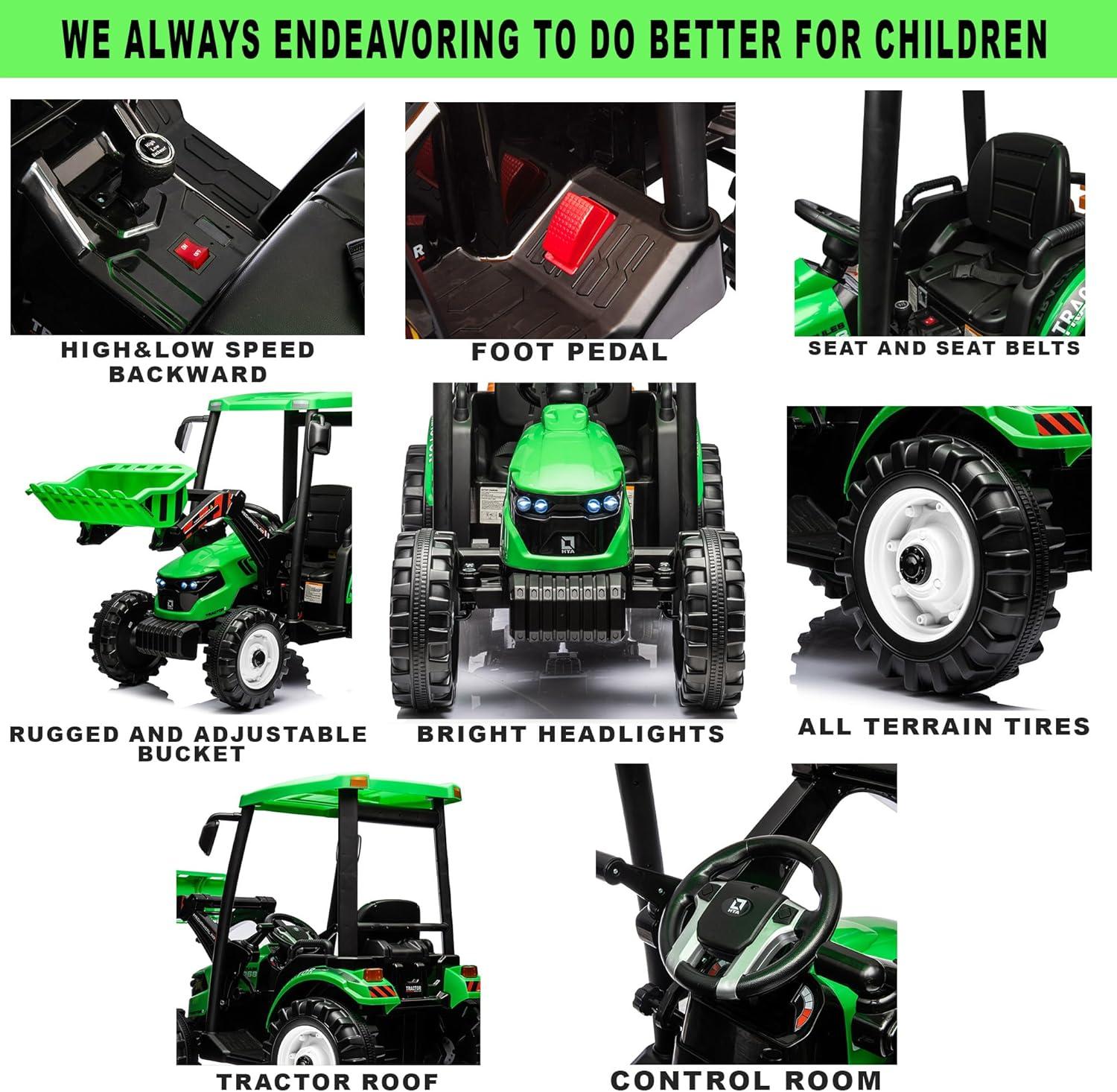 24V Kids Ride On Tractor w/Front Loader, Power Wheels 24V Ride on Toys for Boys Girls, Kids Ride on Excavator w/Dual Motor, Battery Powered Electric Riding Toys (Green Tractor with Front Loader)