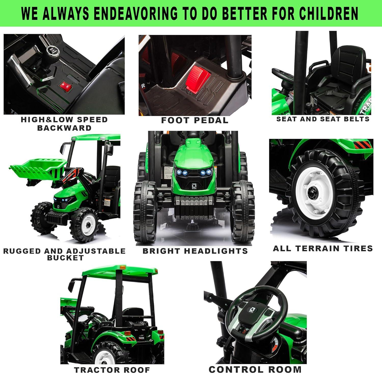 24V Kids Ride On Tractor w/Front Loader, Power Wheels 24V Ride on Toys for Boys Girls, Kids Ride on Excavator w/Dual Motor, Battery Powered Electric Riding Toys (Green Tractor with Front Loader)