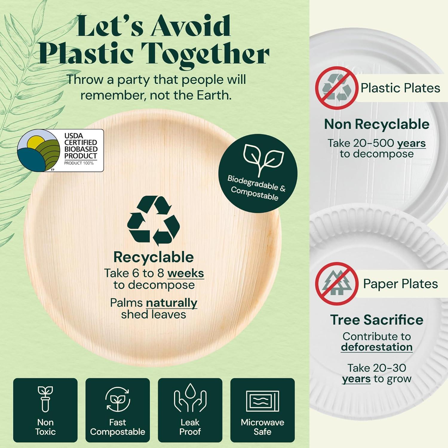 Chic Leaf, Compostable & Disposable Plates, Round, Natural Color, Palm Leaf, 48 Pc, 10” & 6”