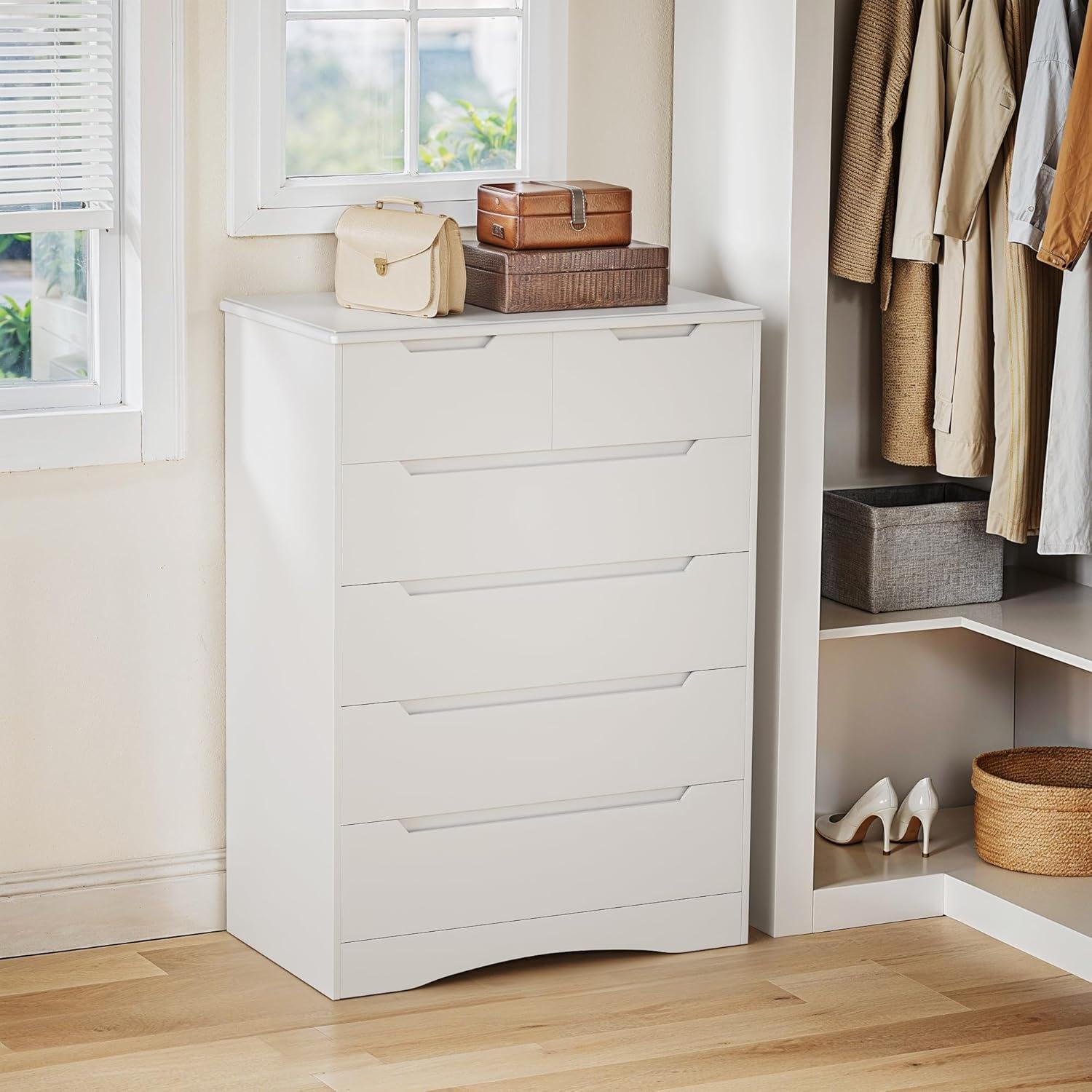 Homfa 6 Drawer White Dresser, Vertical Chest of Drawers Wood Storage Cabinet for Bedroom Living Room