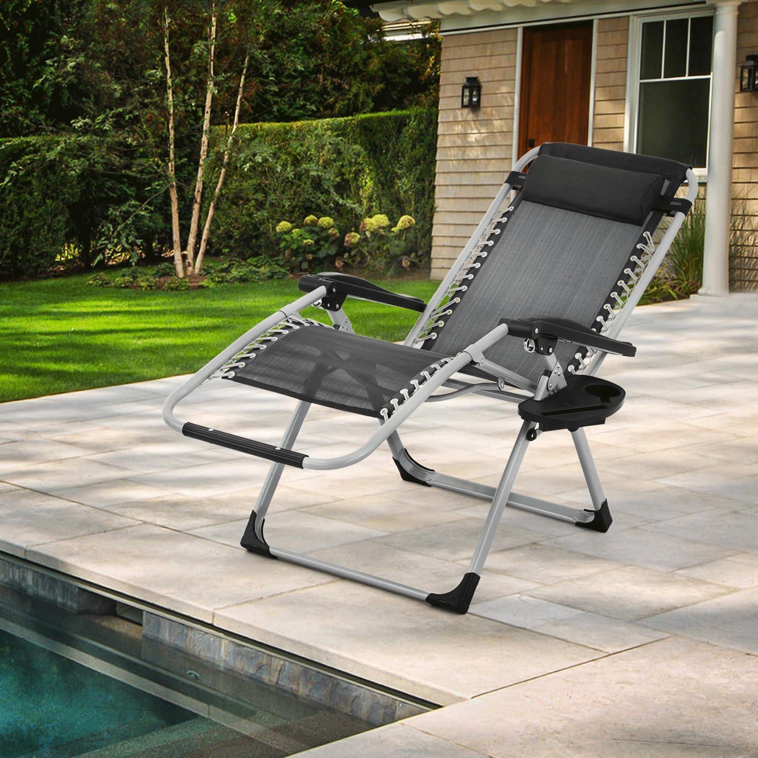 MoNiBloom Reinforced Zero Gravity Chair, Folding Pool Beach Lounger, Chaise with Cushion, Headrest and Side Tray, Black