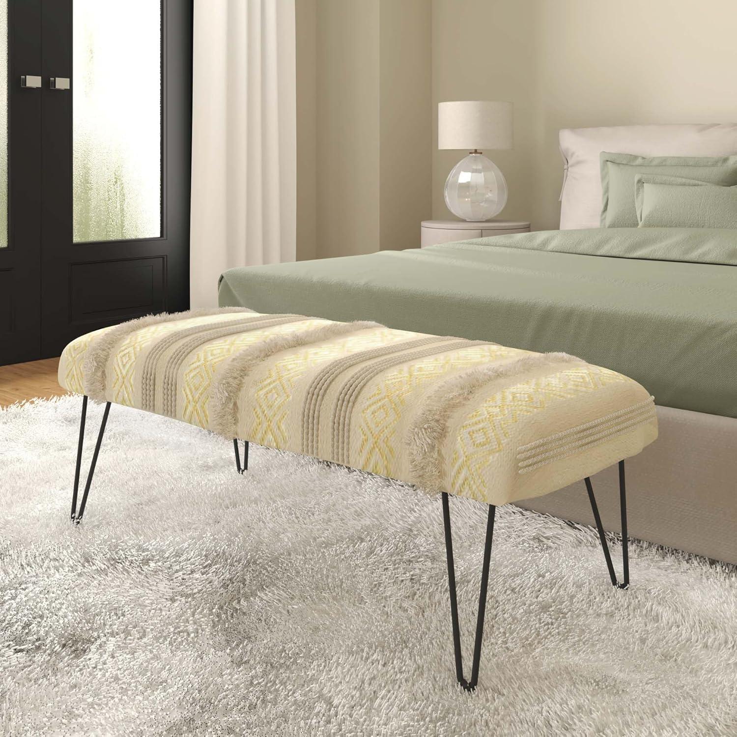 Elegant Beige and Gold Tufted Metal Bench with Geometric Detail