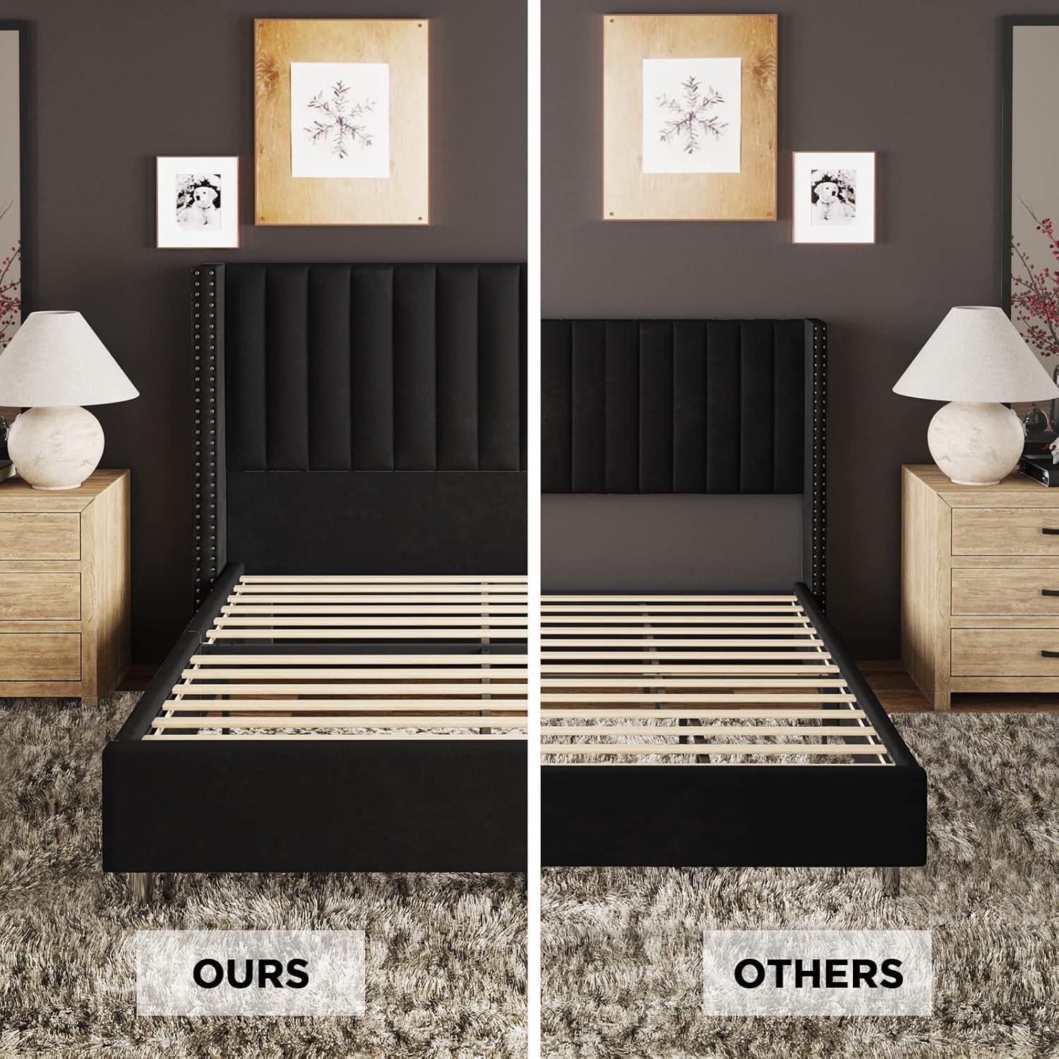 Jocisland Bed Frame Queen Size Upholstered Bed Wingback Headborad Velvet Channel Tufted/No Box Spring Needed/Black