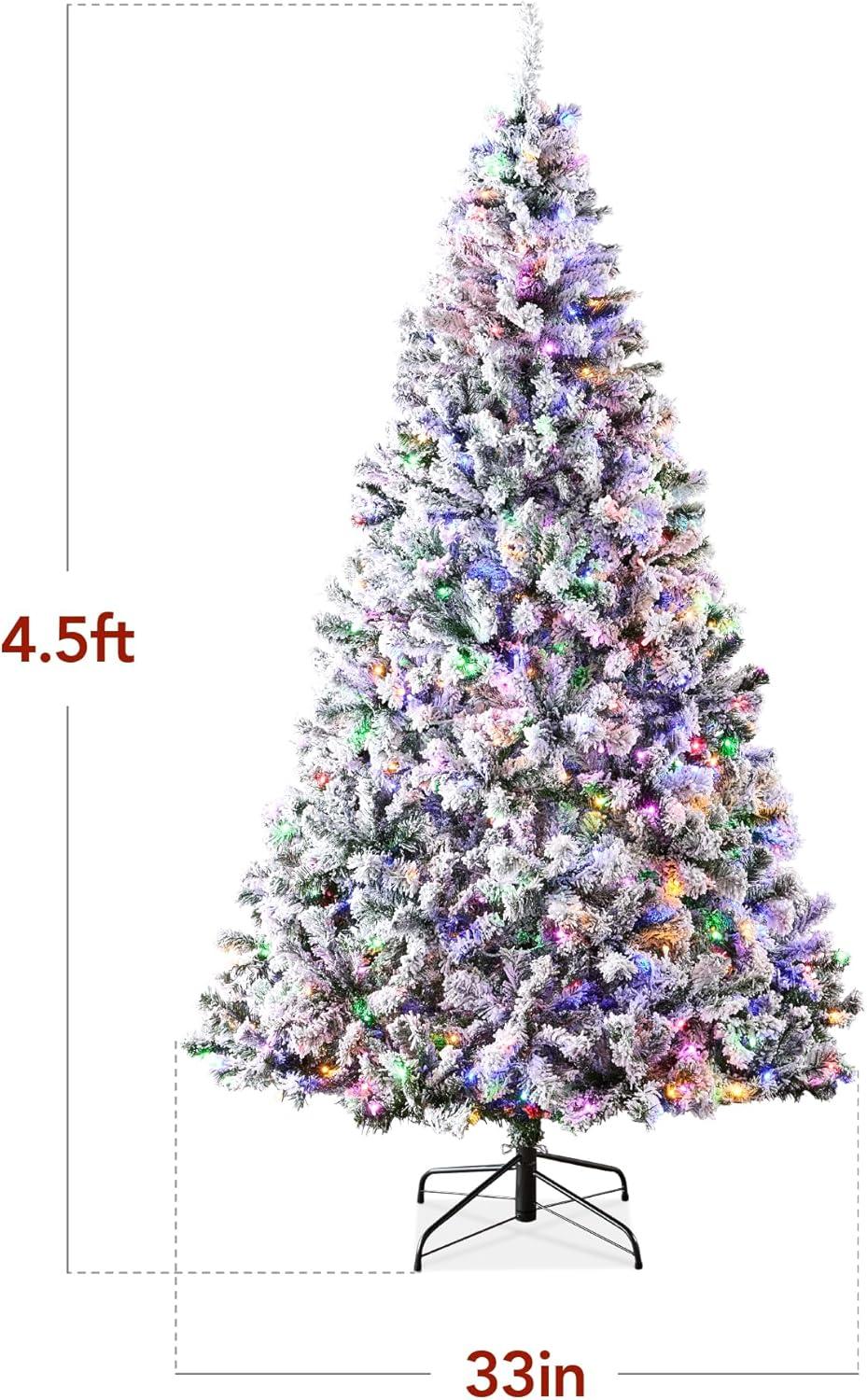 Best Choice Products Pre-Lit Holiday Christmas Pine Tree w/ Flocked Branches, Warm-White & Multicolored Lights