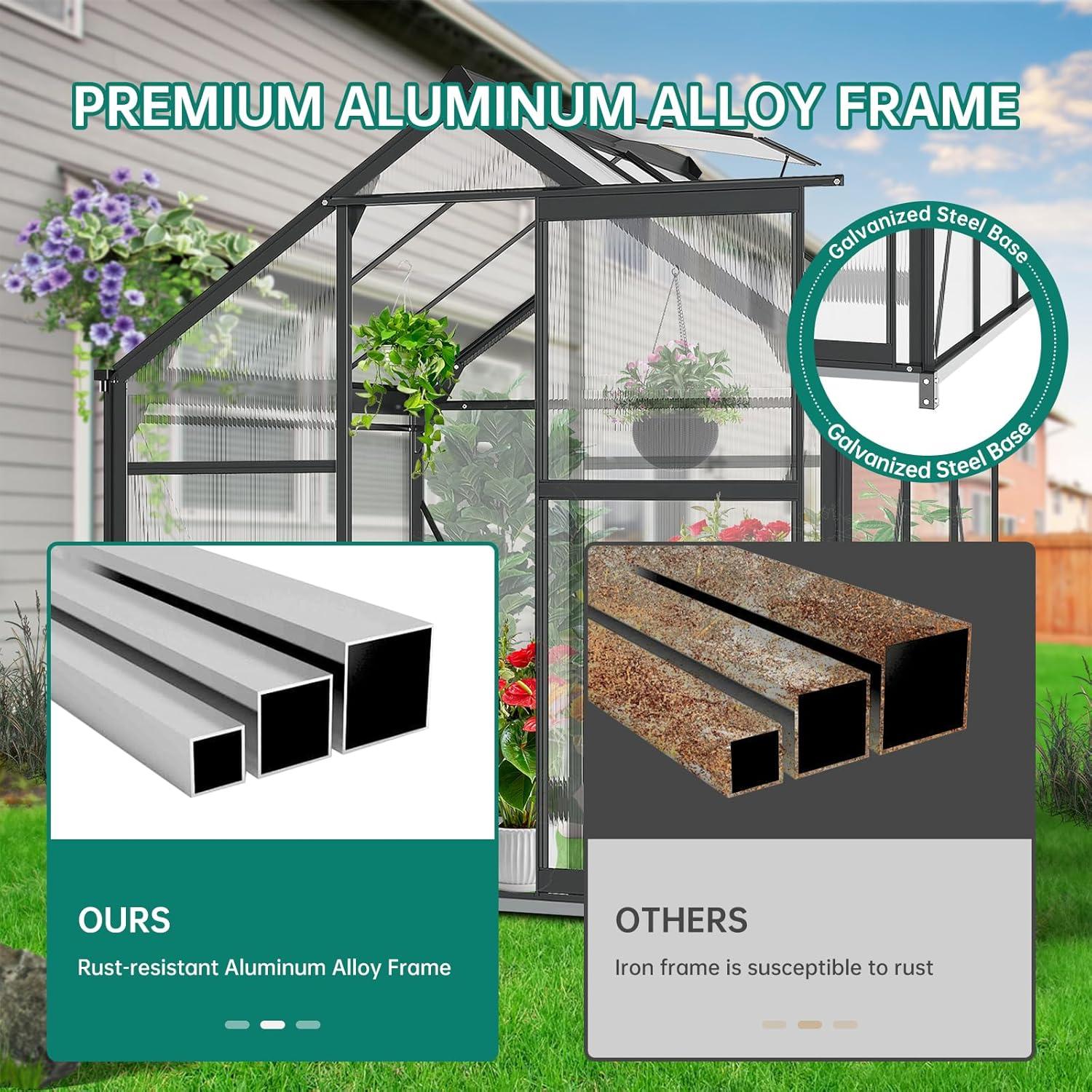 6x10 FT Polycarbonate and Aluminum Sliding Door Greenhouse