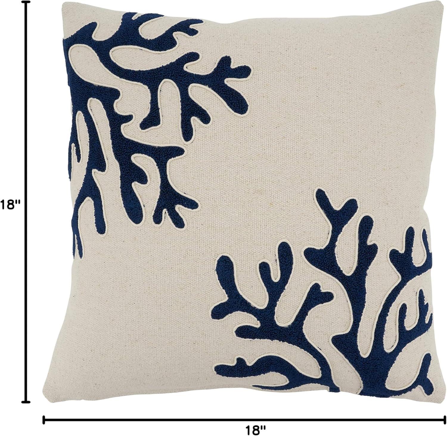 Ivory and Navy Coral Design 18" Square Cotton Throw Pillow