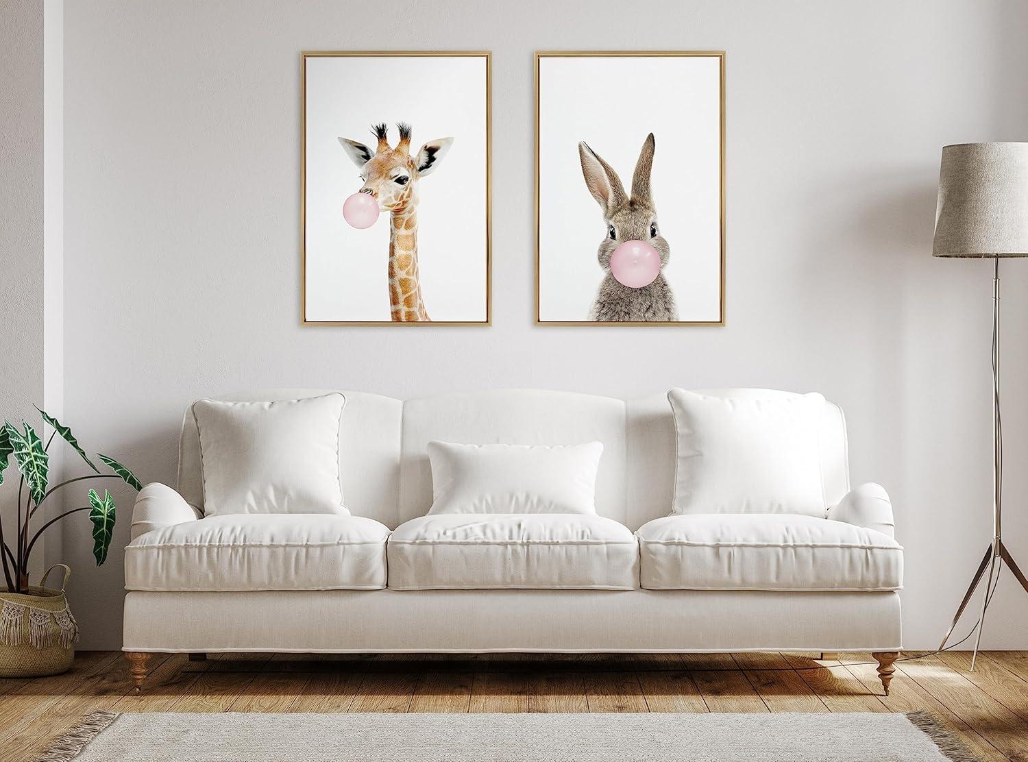 Kate and Laurel Sylvie Bubble Gum Giraffe Framed Canvas by Amy Peterson Art Studio
