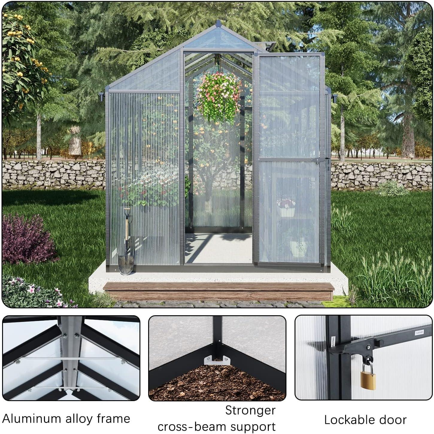 Large Black Polycarbonate Walk-In Greenhouse with Aluminum Frame