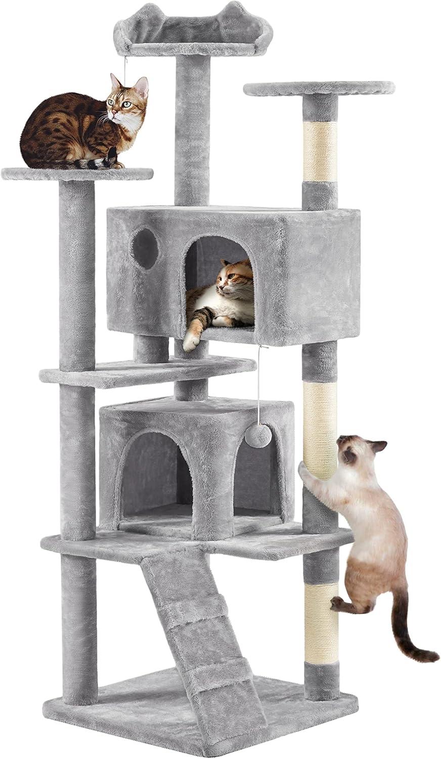 70in Light Gray Multi-Level Cat Tree Tower with Condos and Scratching Posts