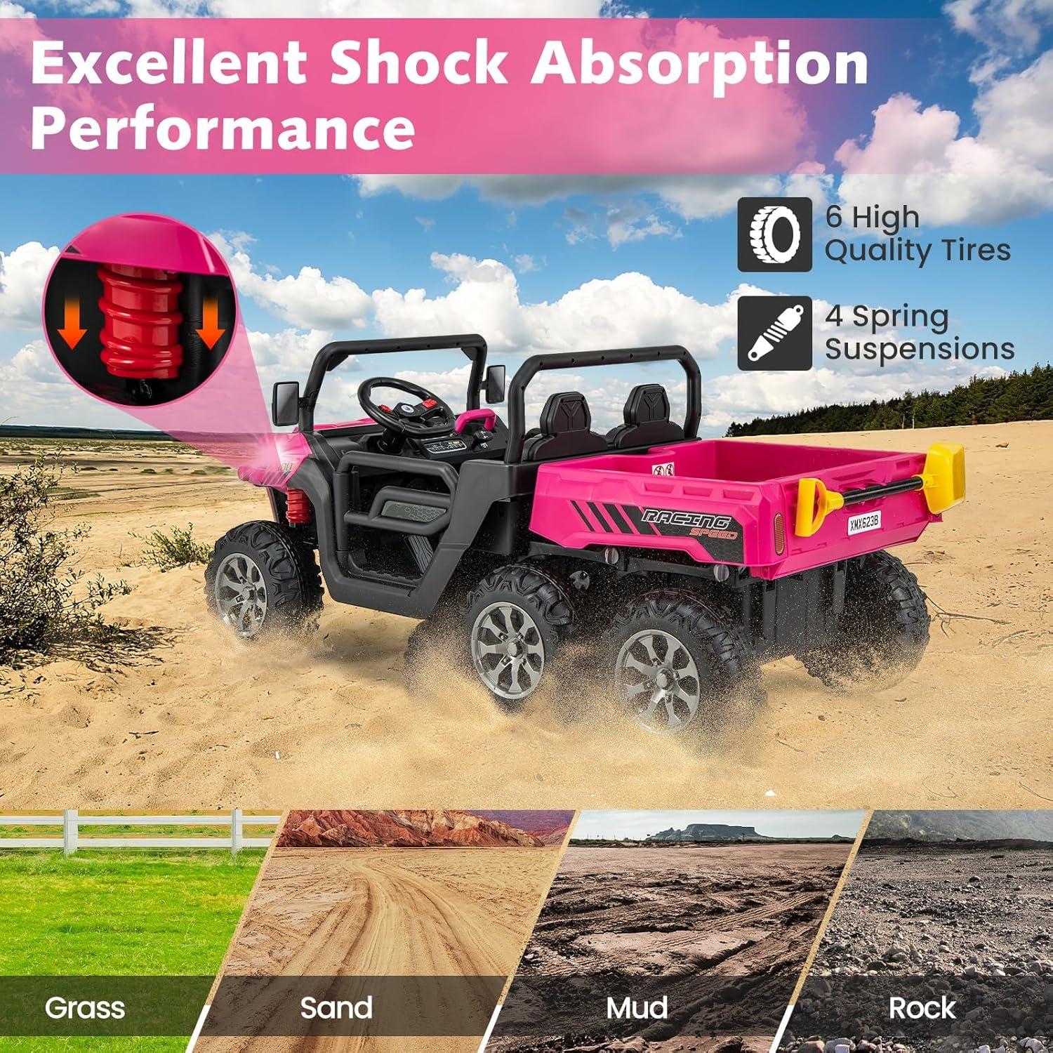 24V Kids Ride on Dump Truck with Remote Control, 2 Seater Powered 4-Wheel UTV Toys, 2x200W Ride on Tractor Car w/ Electric Dump Bed, Shovel, Bluetooth Music, Pink