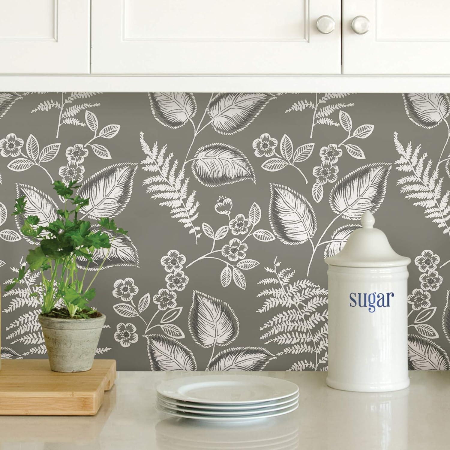 Grey Vinyl Foliage Peel and Stick Wallpaper, 30.75-Sq. Feet