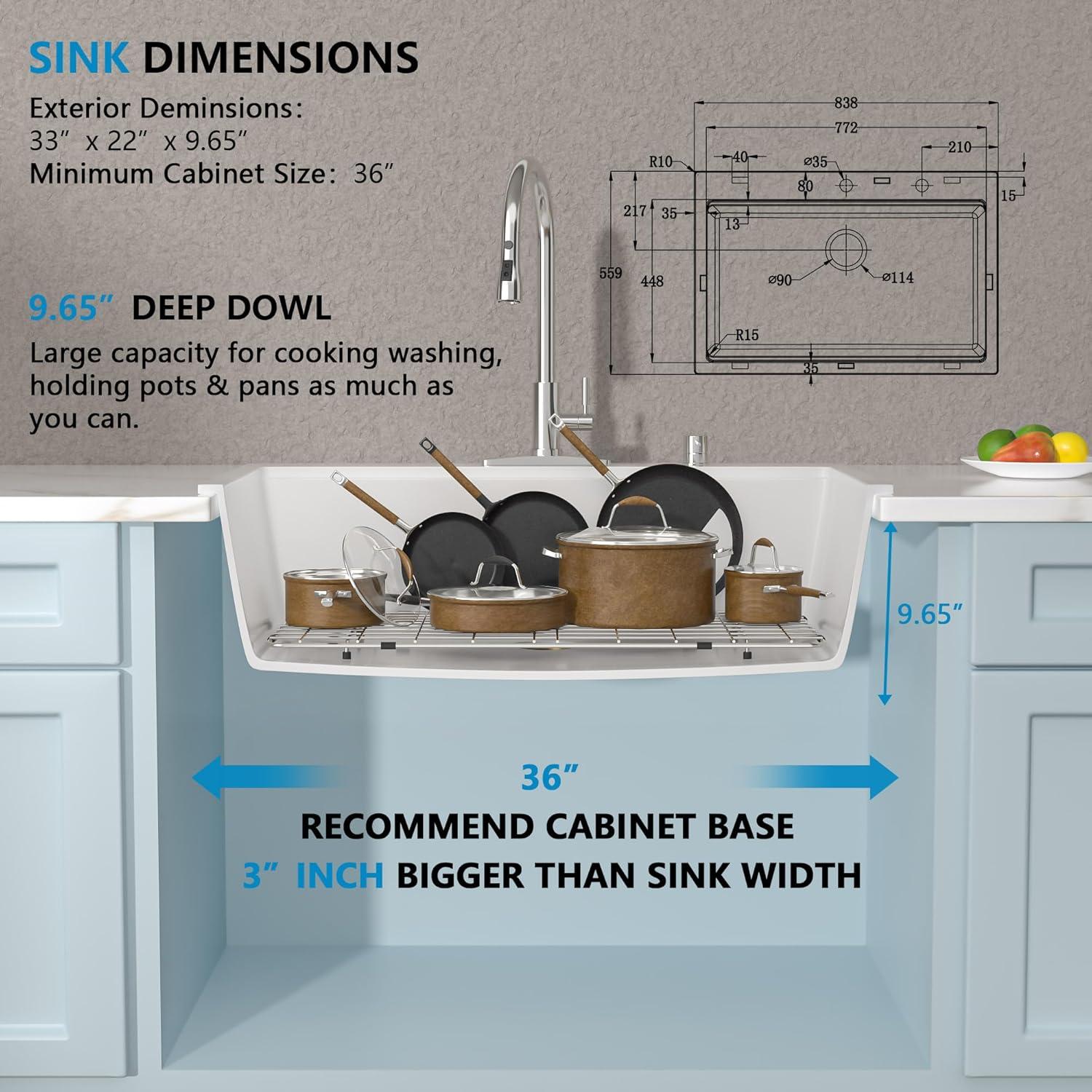 33x22 Inch White Quartz Composite Workstastion Kitchen Sink Drop-in Top-Mount Single Bowl Sink with 2 Faucet Holes