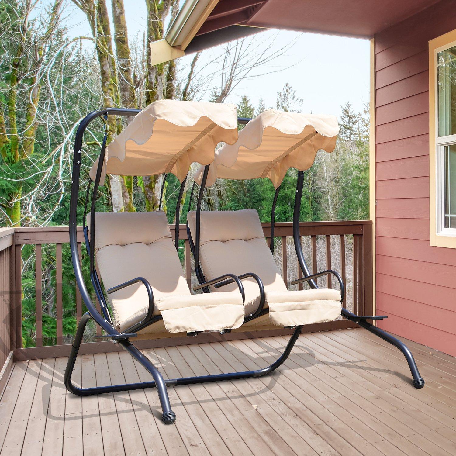 Outsunny Modern 2-Seater Outdoor Patio Swing Chair, Porch Seats with Cup Holder and Removeable Canopy, Beige