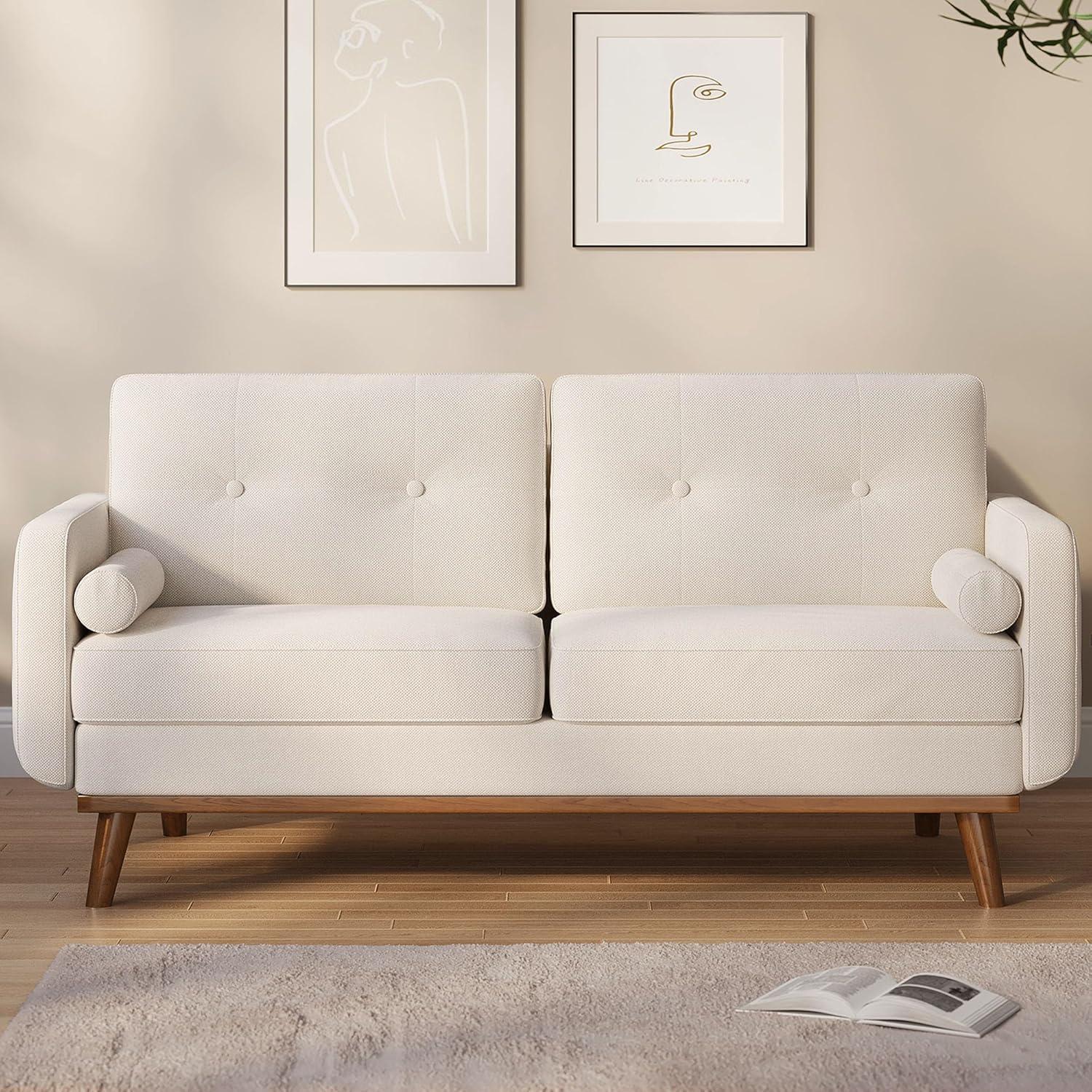 Beige Linen Upholstered Mid Century Modern Loveseat Sofa
