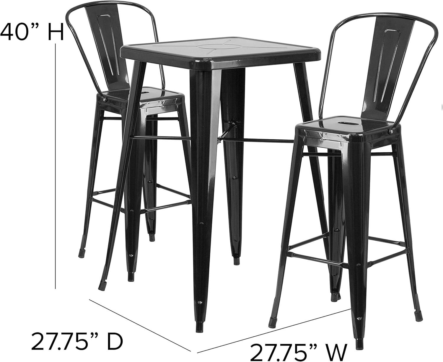 23.75" Square Black Steel Indoor-Outdoor Bar Table Set with 2 Stools