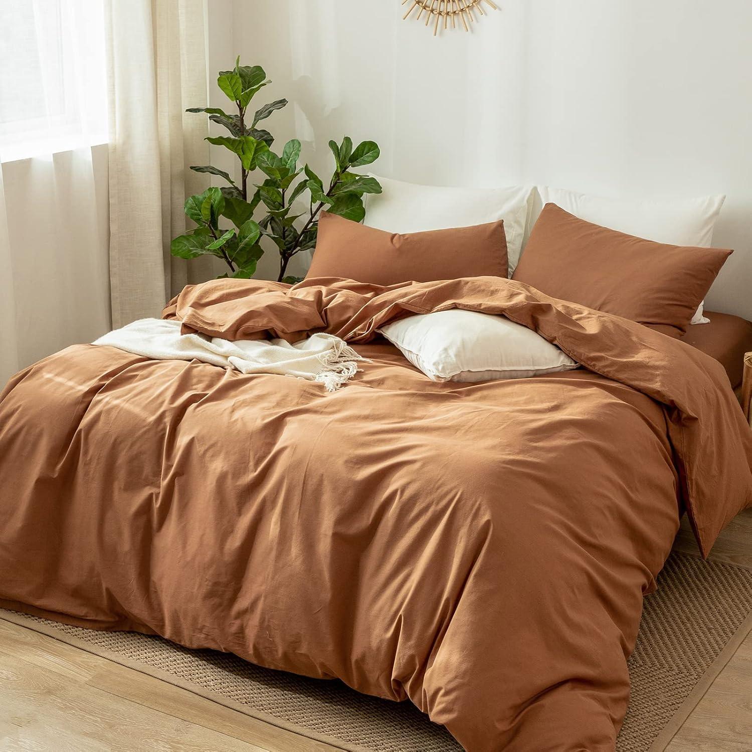 MOOMEE 100% Washed Cotton Linen Like Textured Duvet Cover Set