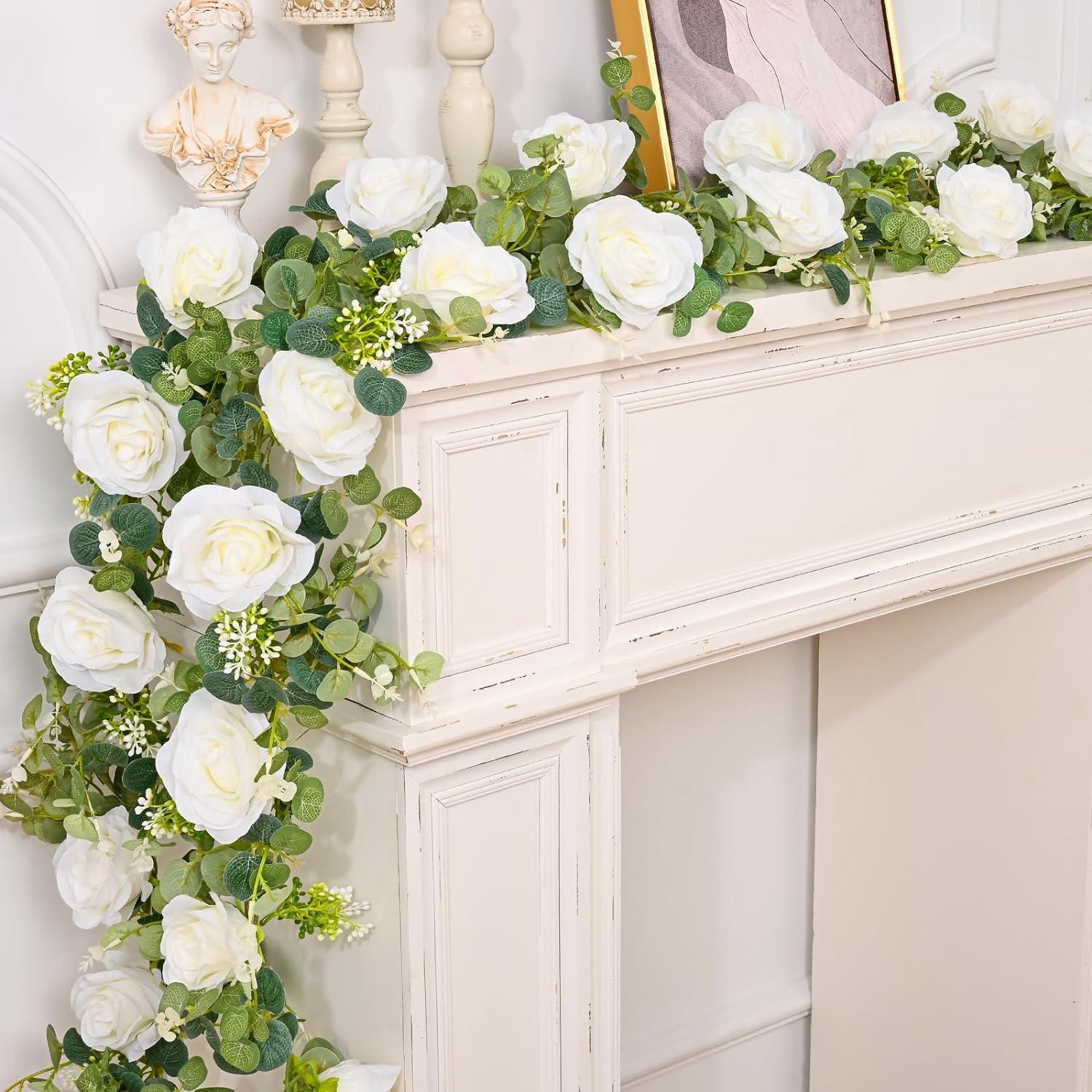 13Ft White Rose and Eucalyptus Artificial Garland Set