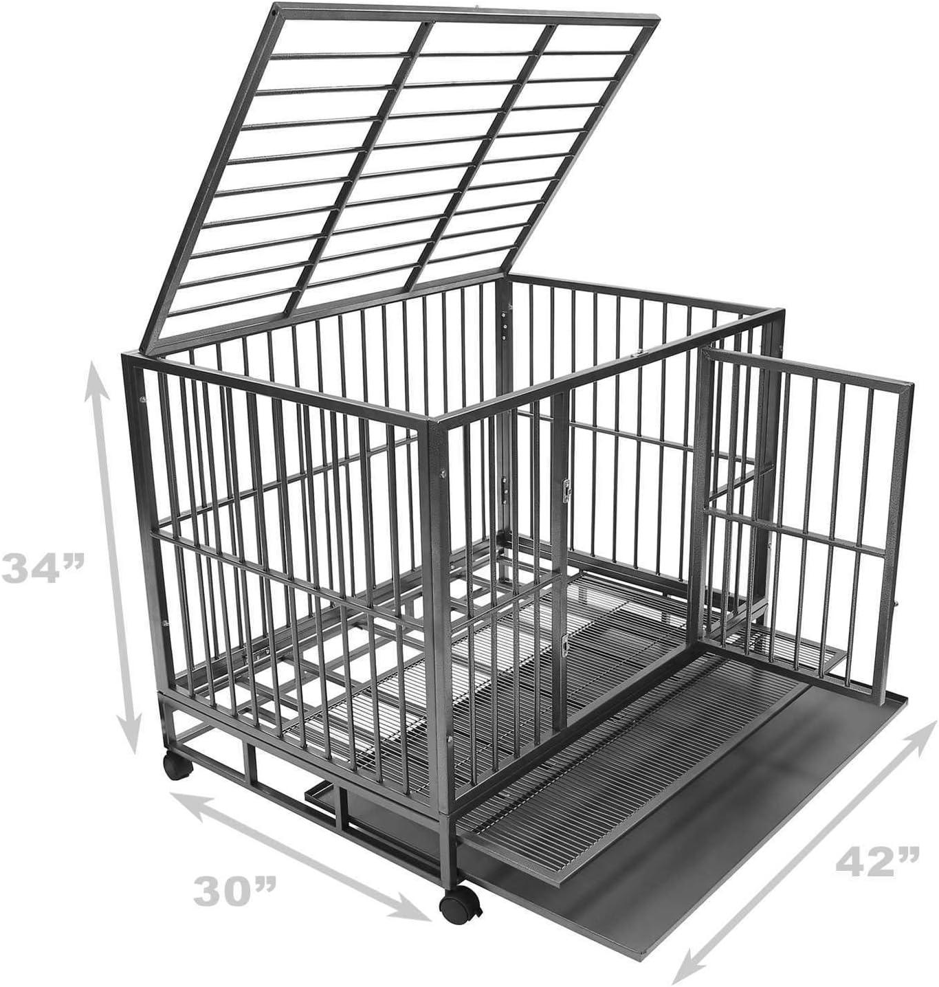 Large Gray Heavy-Duty Rolling Dog Crate with Tray