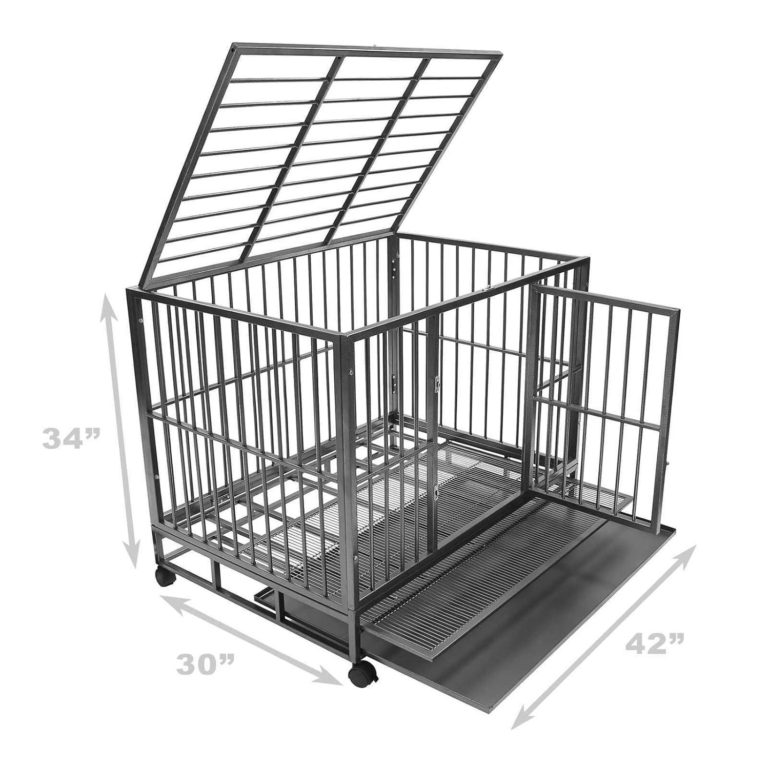 SmithBuilt 42" Large Heavy-Duty Dog Crate Cage - Two-Door Indoor Outdoor Pet & Animal Kennel with Tray - Silver