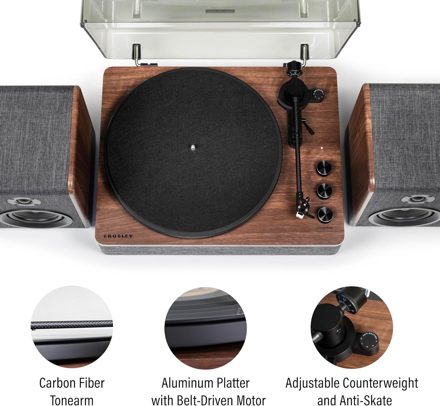 Charcoal and Brown Bluetooth Record Player with Speakers