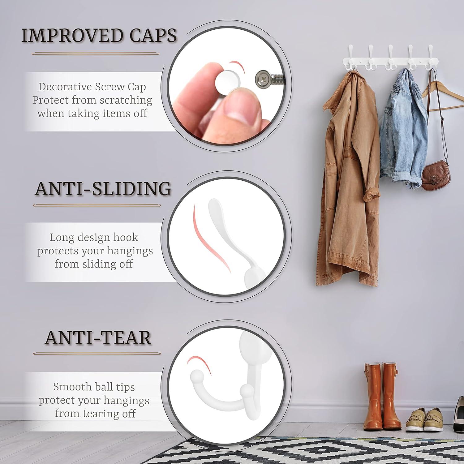 White Coat Rack Wall Mounted - 16 Inch Heavy Duty Stainless Steel Matte Finish Wall Hook Rack - 5 Tri Coat Hooks for Hanging Towels, Bags, Hat - Bathroom Entryway - 2 Pack