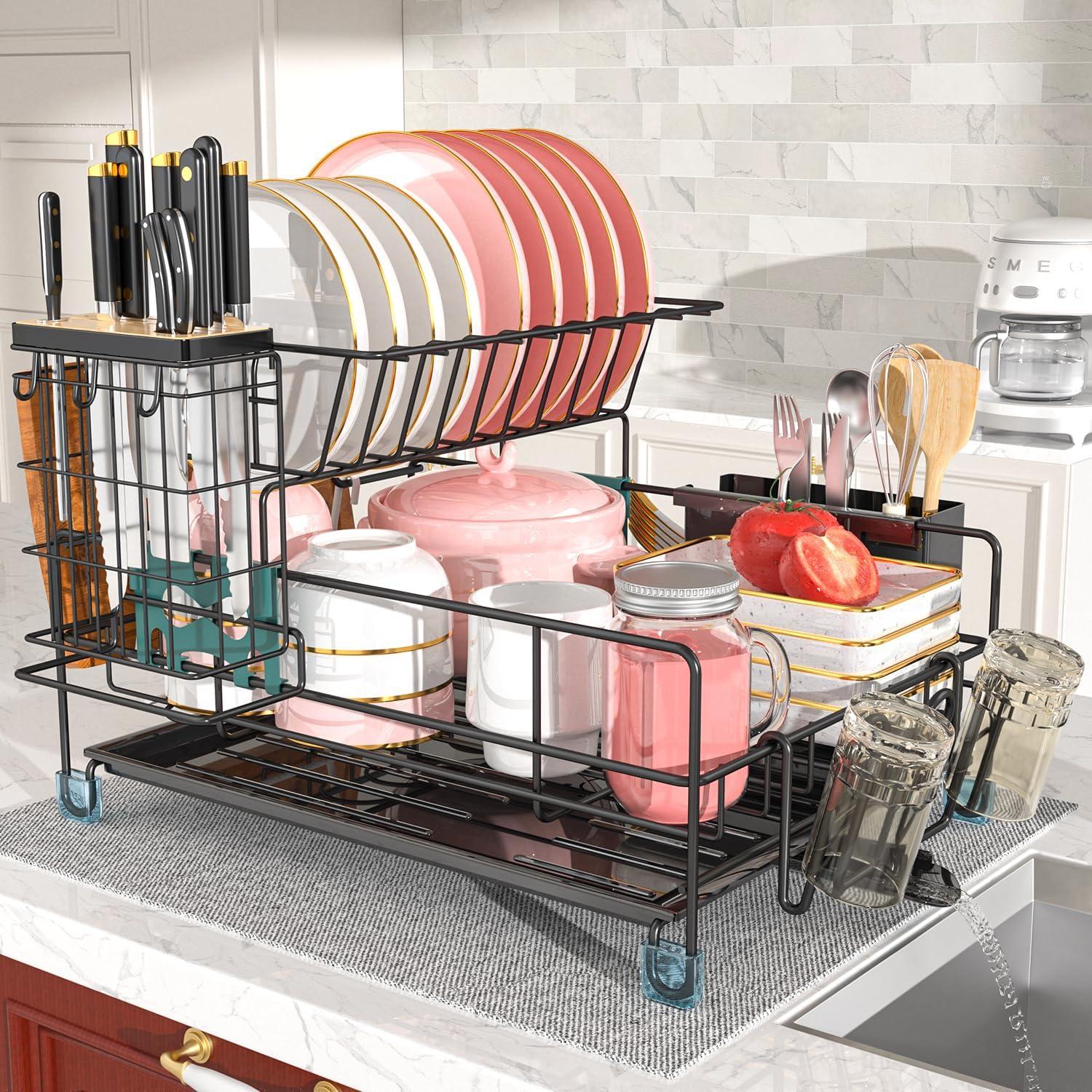 Large Capacity 2-Tier Stainless Steel Dish Drying Rack With Rustproof Finish