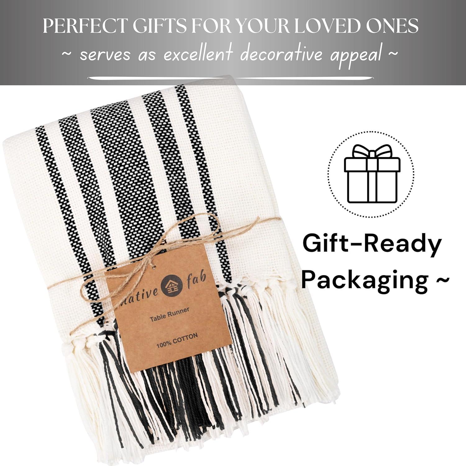 Design Imports  Black Striped Fringe Ribbed Table Runner 14X72