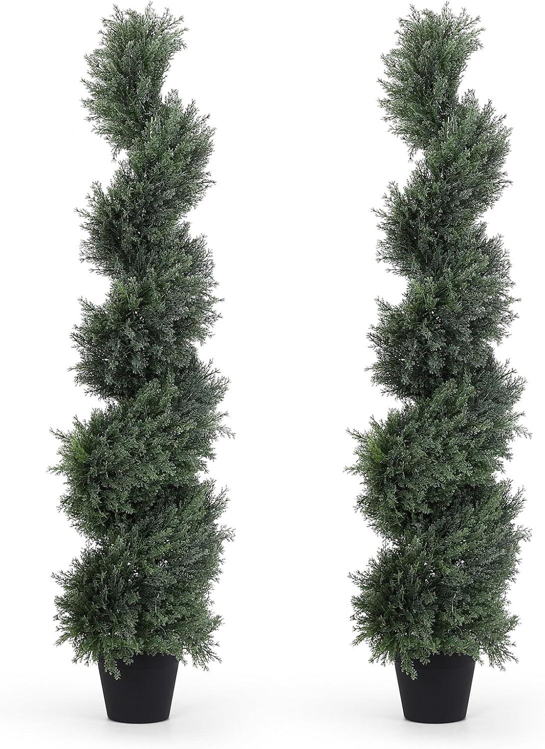 48-Inch Green Plastic Cedar Spiral Topiary Trees in Black Pots, Set of 2