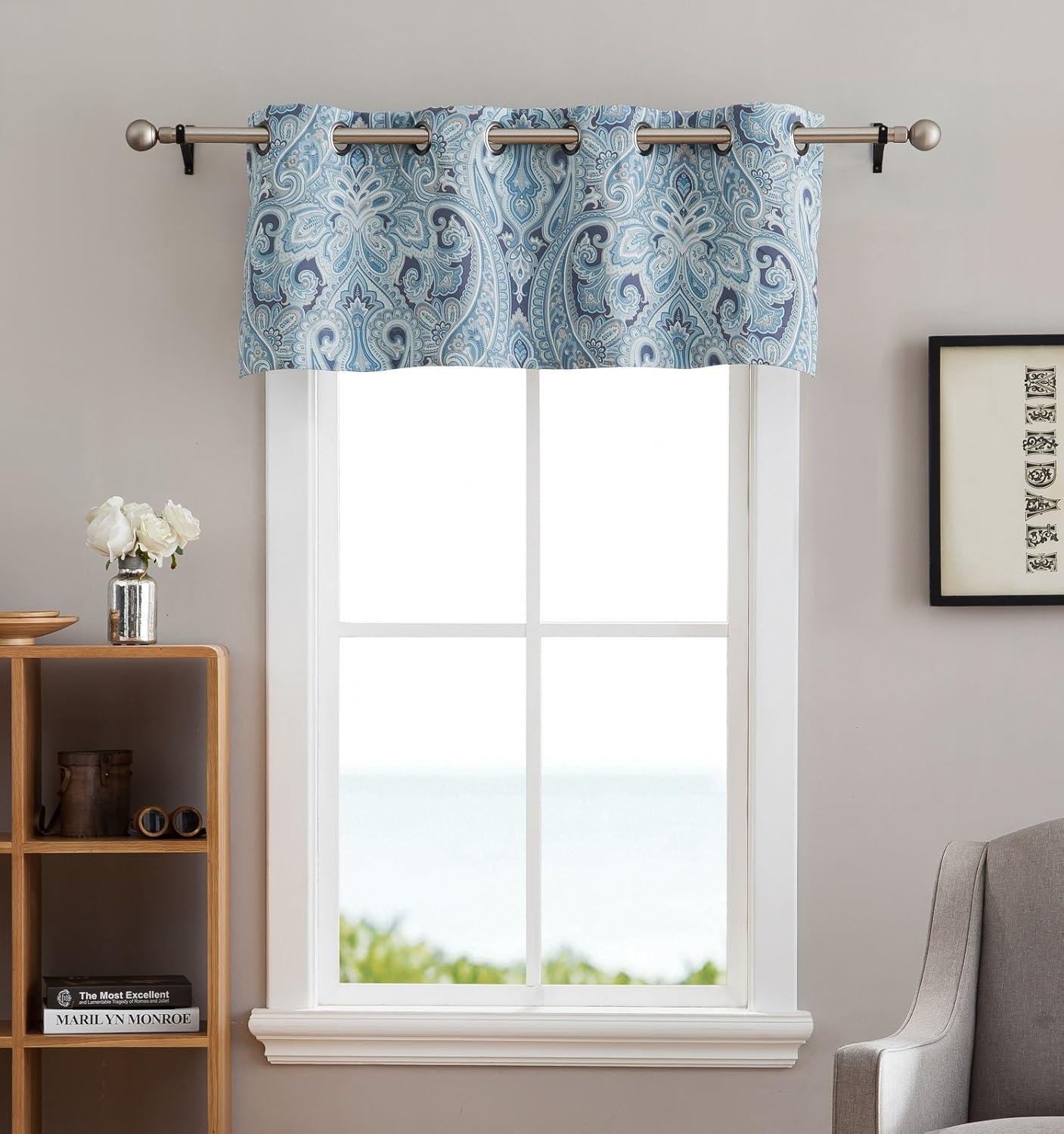 HLC.ME Paris Paisley Rod Pocket Short Scalloped Curtain Valance Basement, Bathroom, Kitchen and Small Windows - Blue, 50 W x 20 L