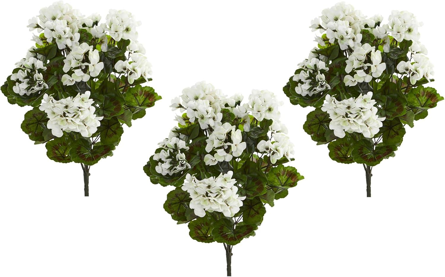 Midsized White Plastic Outdoor Potted Geranium Arrangement Set