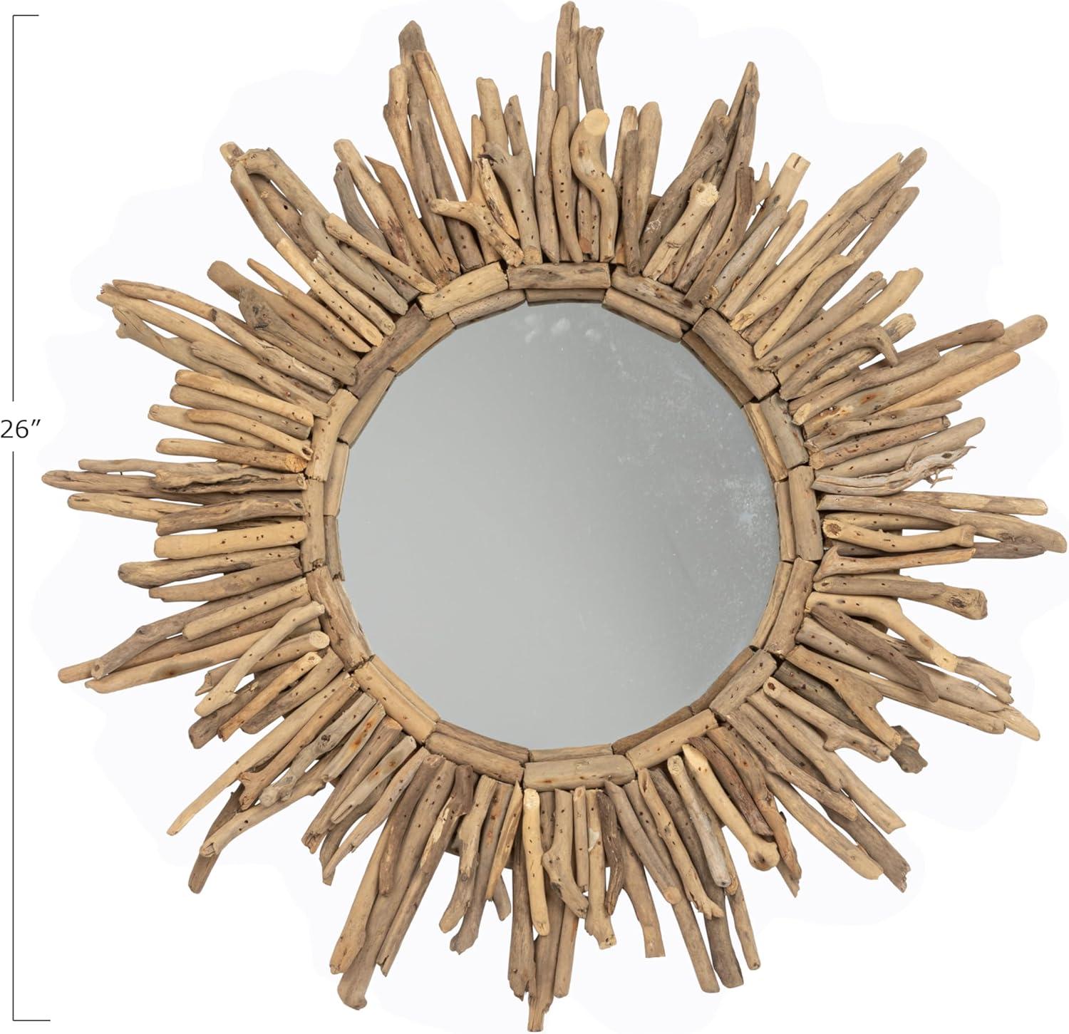 Coastal Charm Driftwood Sunburst Round Wall Mirror, 26"