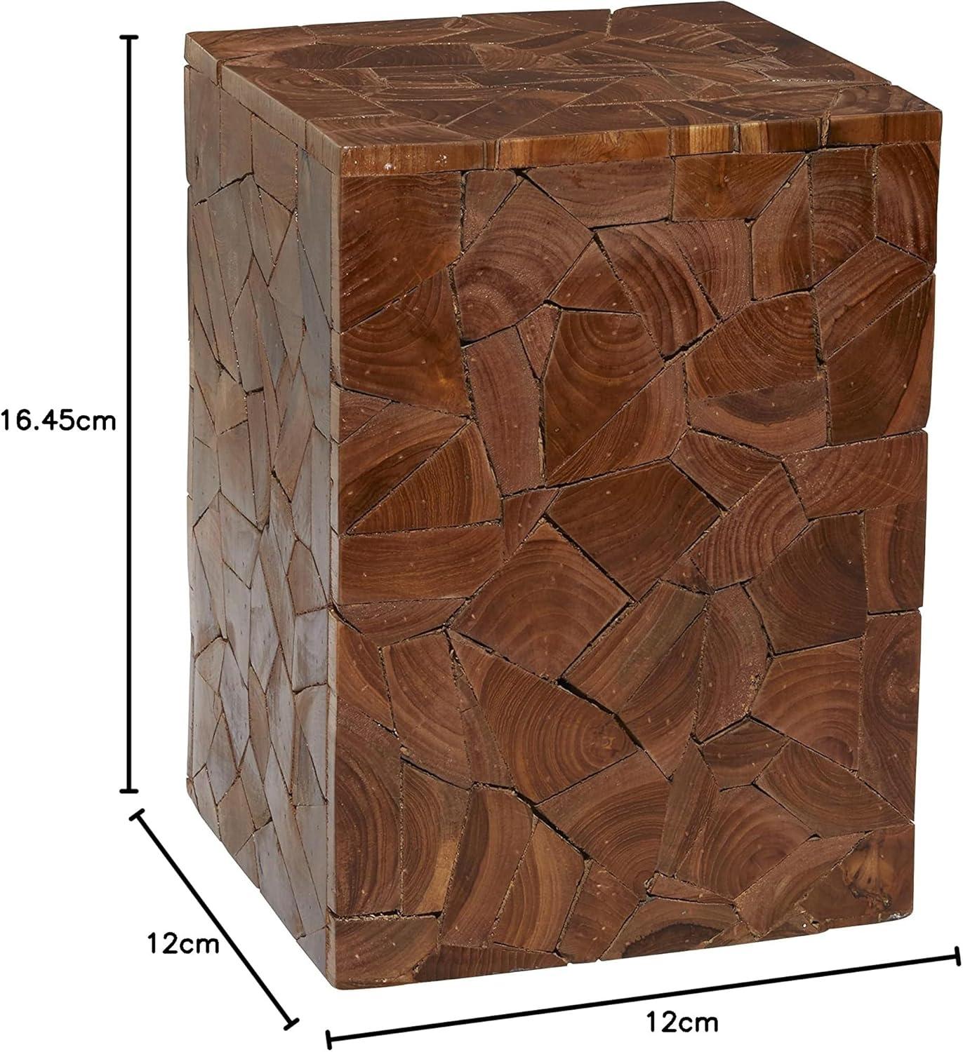 DecMode 12" x 16" Brown Teak Wood Handmade Accent Table with Mosaic Wood Chip Design, 1-Piece